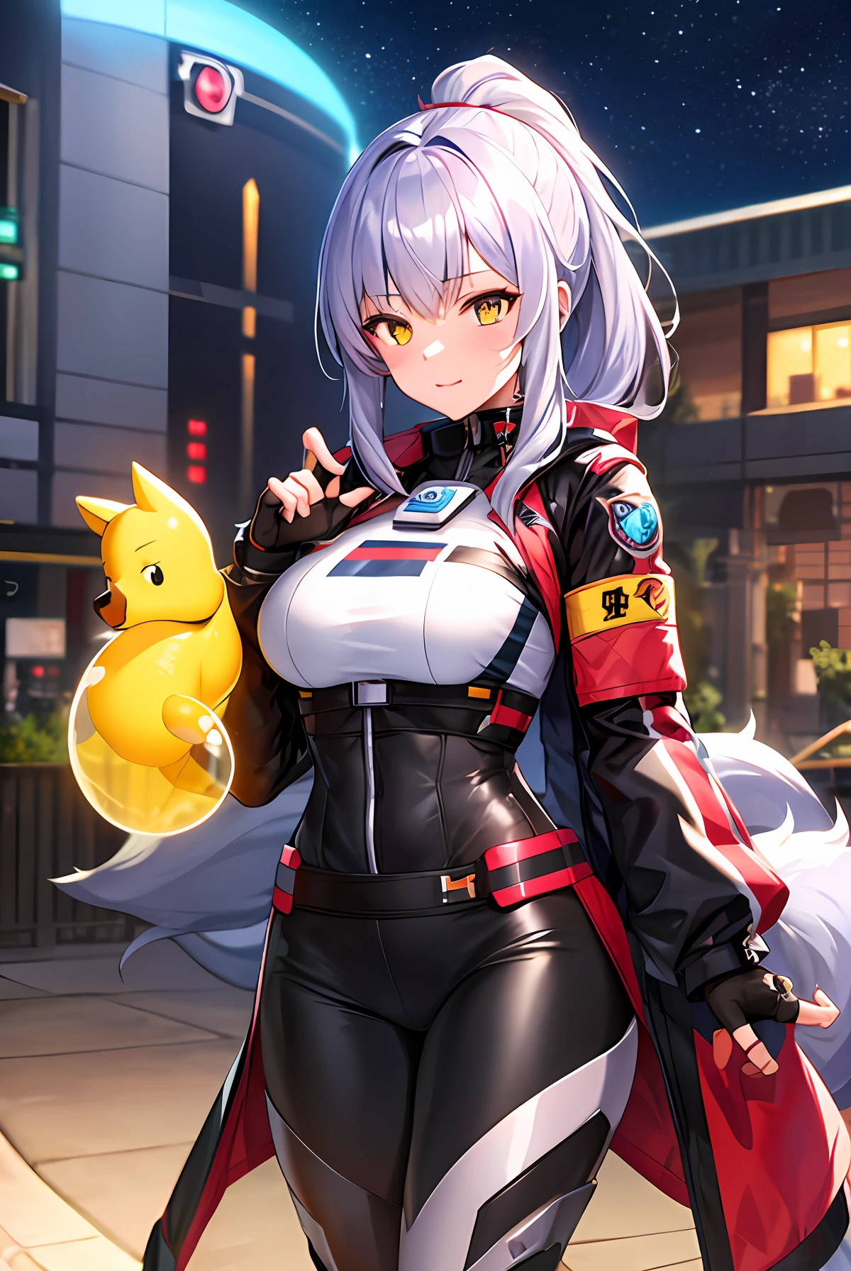 cyber punk perssonage，Bronia，Star Dome Railway Silver Wolf，hacking，1girl，tightsuit，Fingerless gloves，colorful bubble，shorter pants，Black coat，White underwear，Stockings，Beth，Strangle，High ponytail，