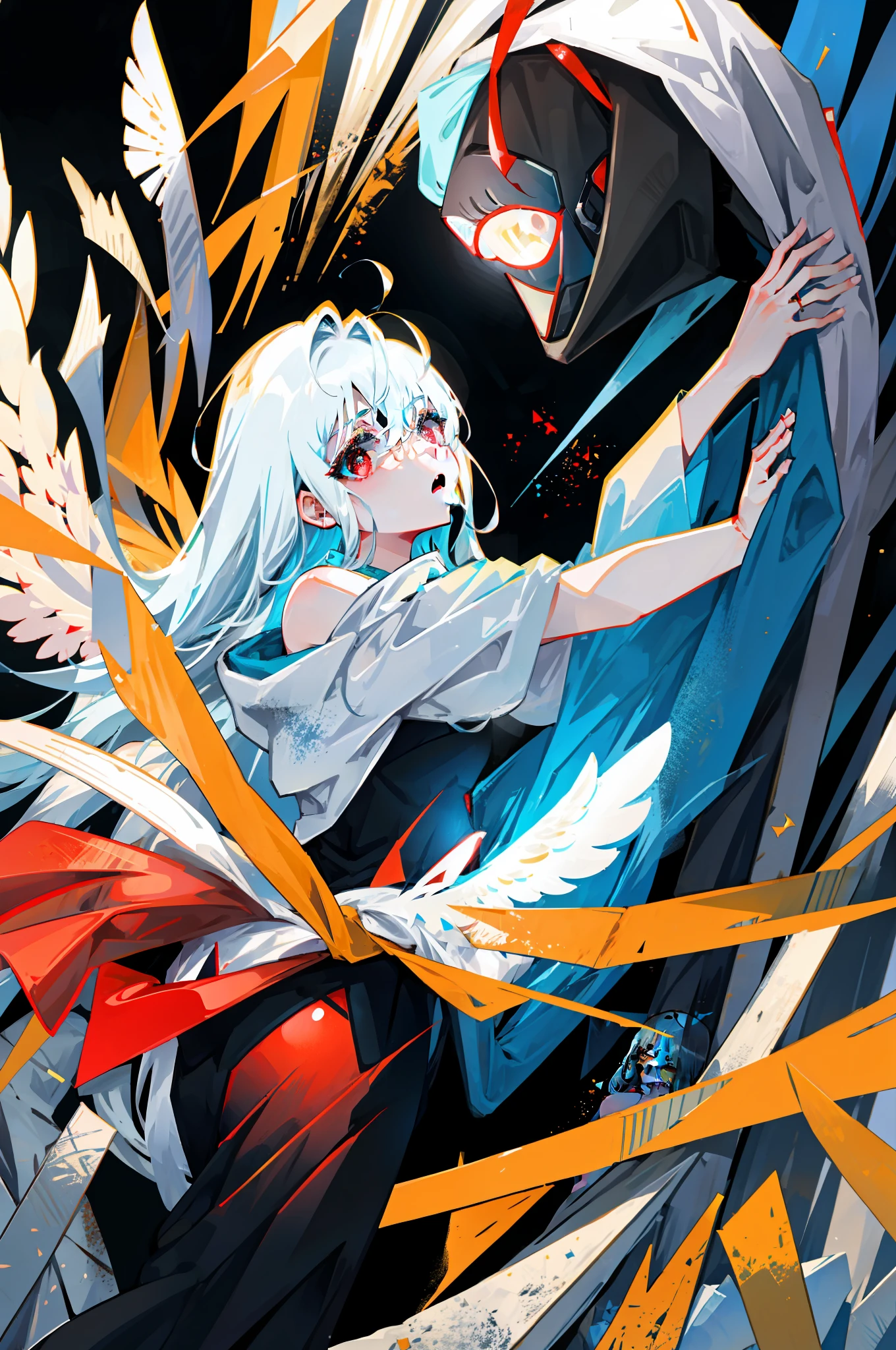 (tmasterpiece), highly detailed, 8K,,Harmonious composition,cold shades,Beautiful girl with white hair, Long hair and red eyes,Barefoot and shoulders,Side face,Angel wings,black cloaths,Surrounded by a large scene cemetery