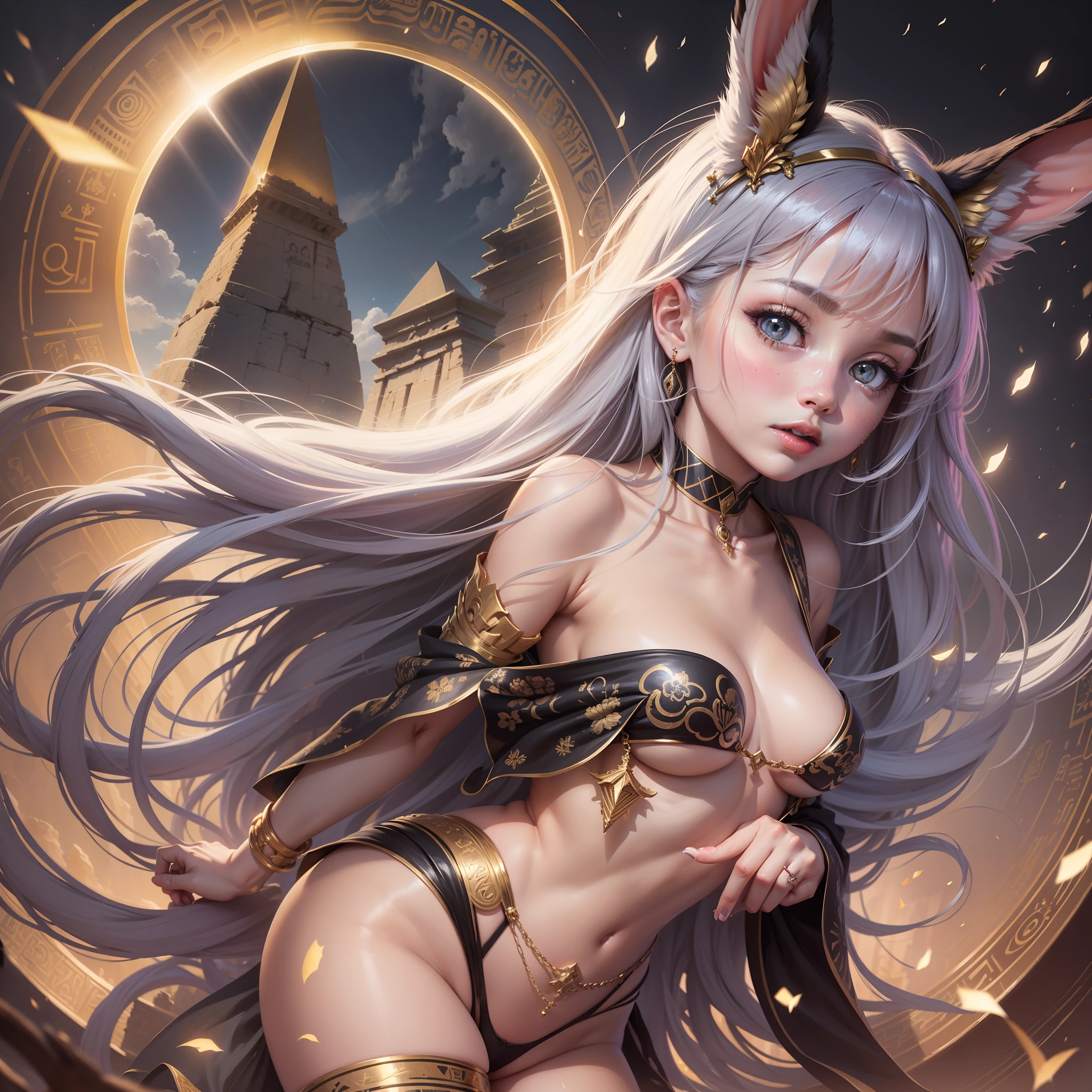 tmasterpiece， s girl，small lolibit ears，Black cat tail，Overhead halo， Egyptian pyramids， full bodyesbian， （（Divine light））， aethereal， Intricate Painting，  Sharp focus， illustratio， To the Gates of Heaven， cinmatic lighting，Fair skin，Golden pupils，cabellos largos dorados