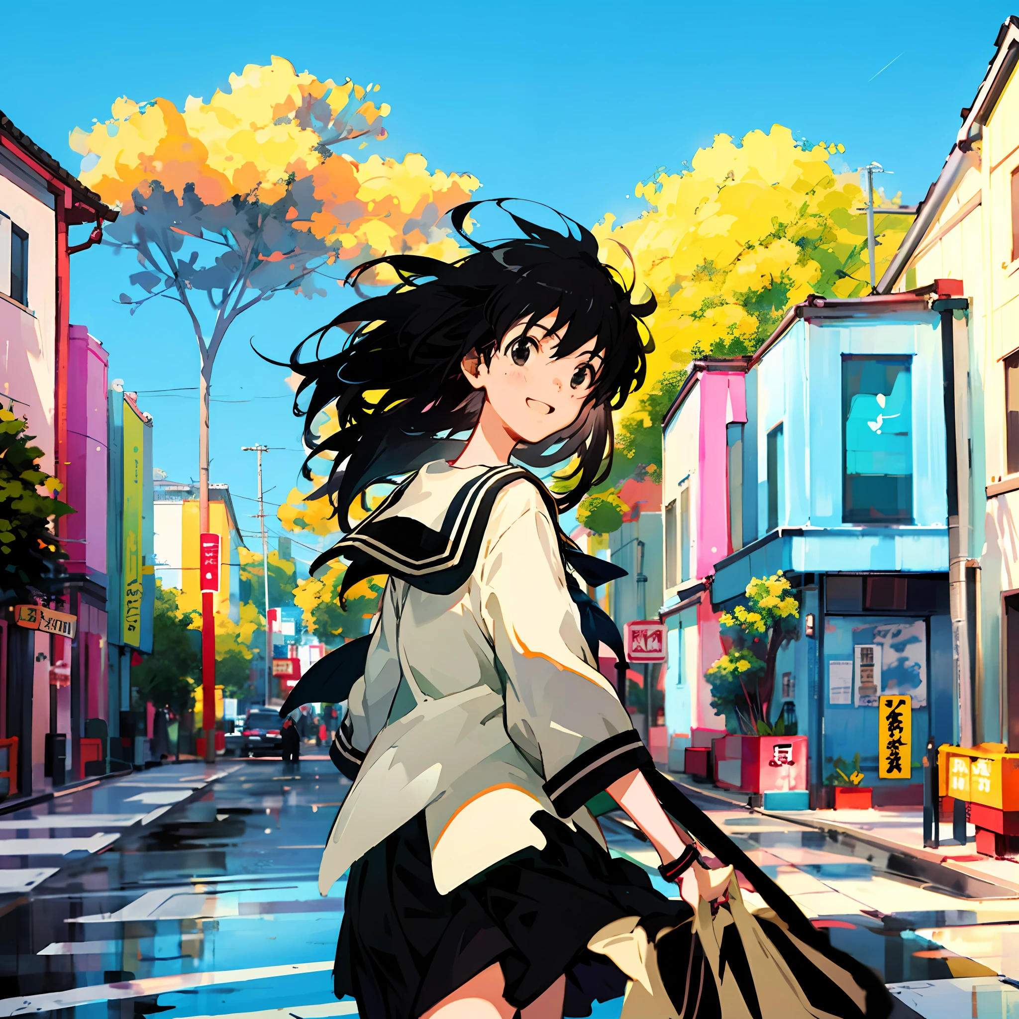 ultra HD picture quality，Long black hair flutters in the wind，Black eyes，Black and white sailor suit，The image of a cute and cheerful Japanese high school girl，It has the style of Makoto Shinkai，Kyoto anime manga style，Blend in with the small town feel in the pictures，Idyllic。A cinematic aesthetic heals a sunny atmosphere。