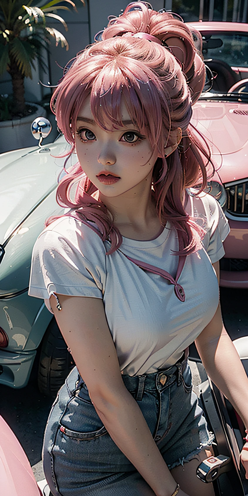 masterpiece,best quality,photo realistic,asda,face,1girl,head,thick lips, pink hair,sitting ,wet,shiny skin, mix4,