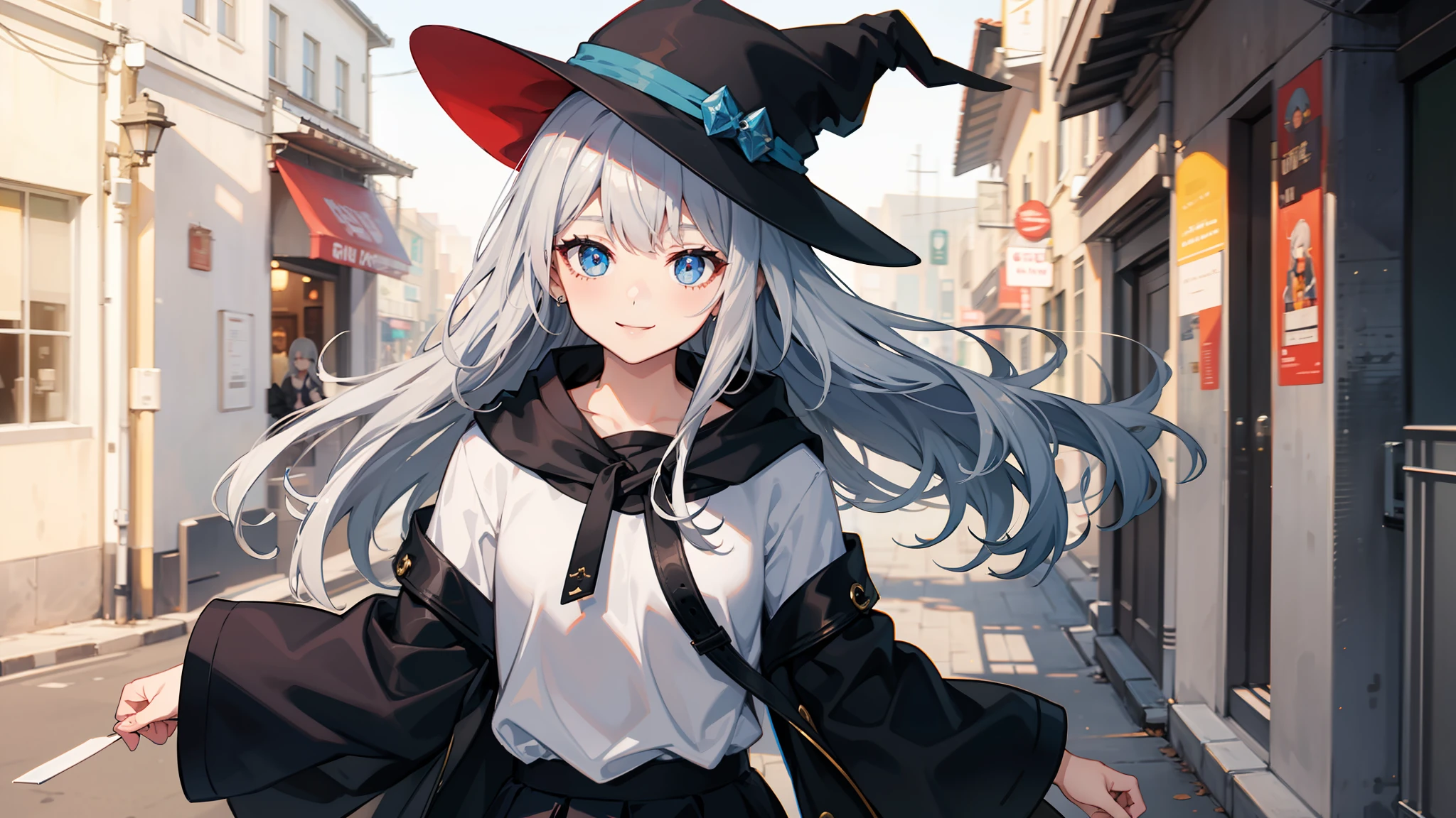 Gray hair,s girl,Black wizard hat,White top,a black skirt,Blue pupil,Smile Expression