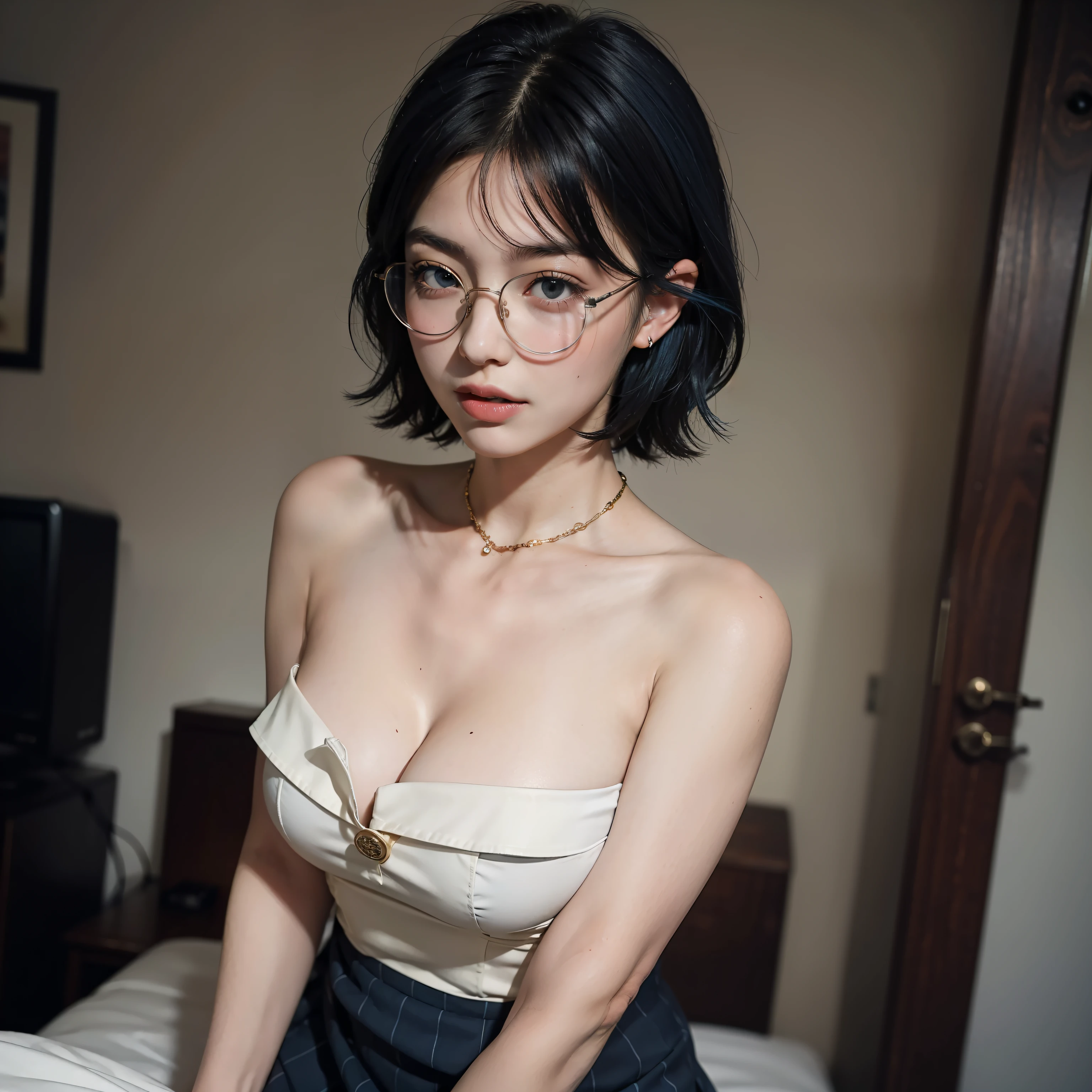 best quality, masterpiece, ultra high res, (((1 girl))), short hair, blue hair, sexy expression, glasses, hairpin, strapless dress, short skirt, exposed shoulders, exposed cleavage, bedroom, cute face