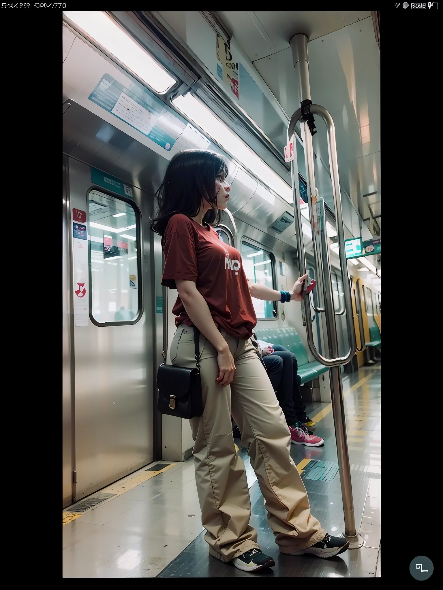 there is a woman standing on a subway train with her back to the camera, in a subway, mrt, wearing pants and a t-shirt, glitch in the matrix, 🤬 🤮 💕 🎀, sat down in train aile, 😭 🤮 💕 🎀, orange line, red shirt brown pants, lo fi, metro, distant full body shot