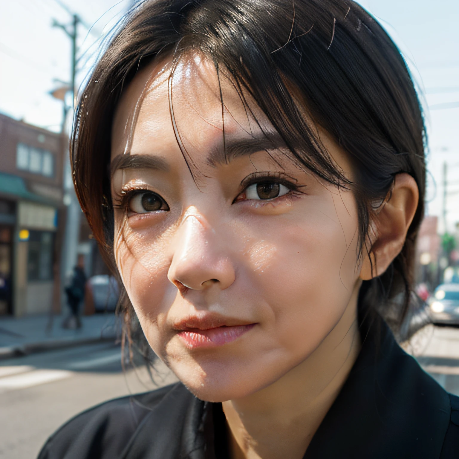 (Ultra-clear detailed，Photo level，Realistic１.２），（Old woman，４０years old），urban backdrop,exteriors，the street，building，telephone poles１.２，warm sunlight，warm atmosphere，warm color，Color temperature 3000,Strong contrast,Cinema lenses，closeup of face，Close-up of the eyes，Realisticstyle，Photo style