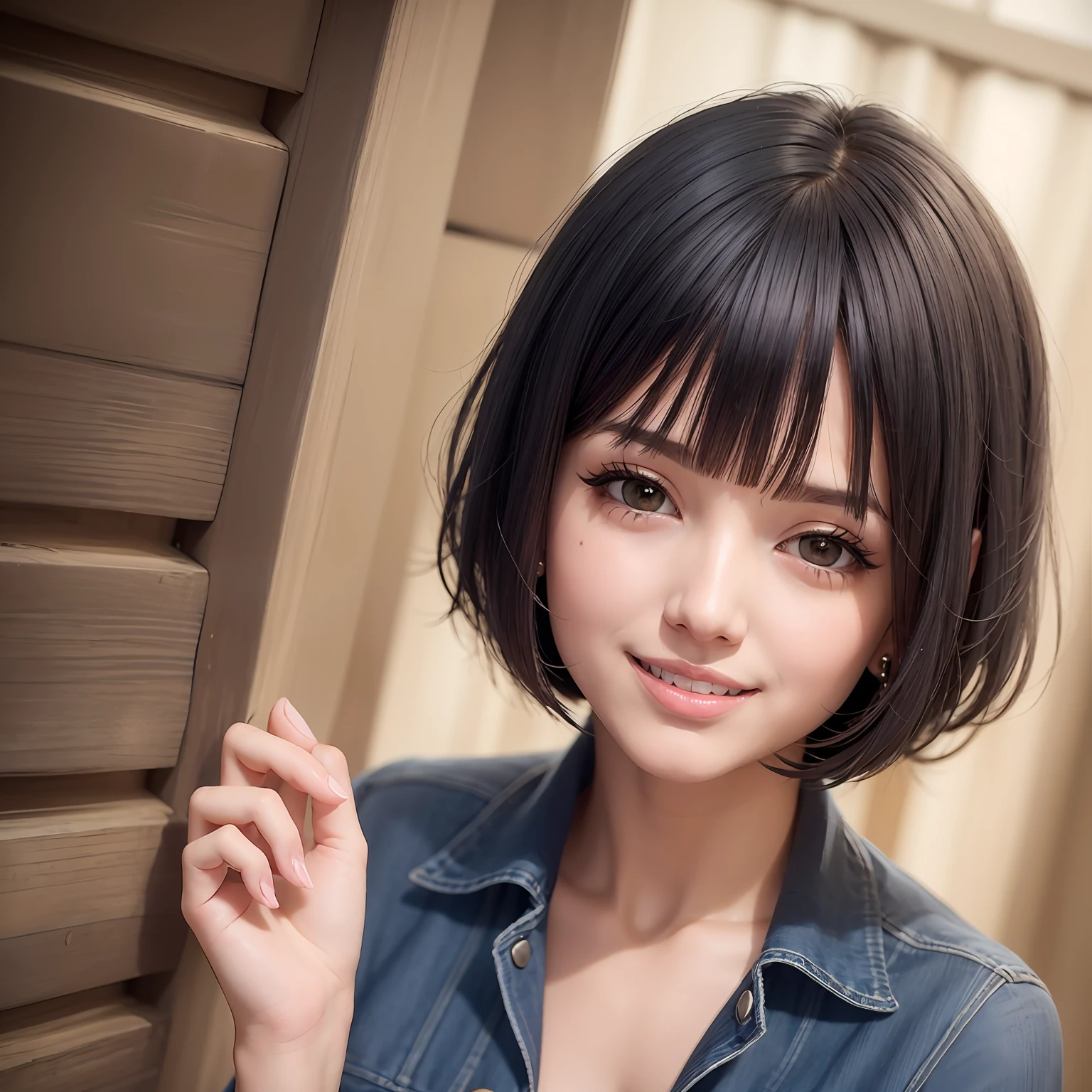 Alafeld asian woman with short hair and denim shirt, Realistic anime 3 D style, Anime girl in real life, Realistic young anime girl, photorealistic anime girl rendering, portrait of cute anime girl, with short hair, Kawaii realistic portrait, Photorealistic anime, 3 d anime realistic, attractive anime girls, portrait of an anime girl, portrait of anime woman
