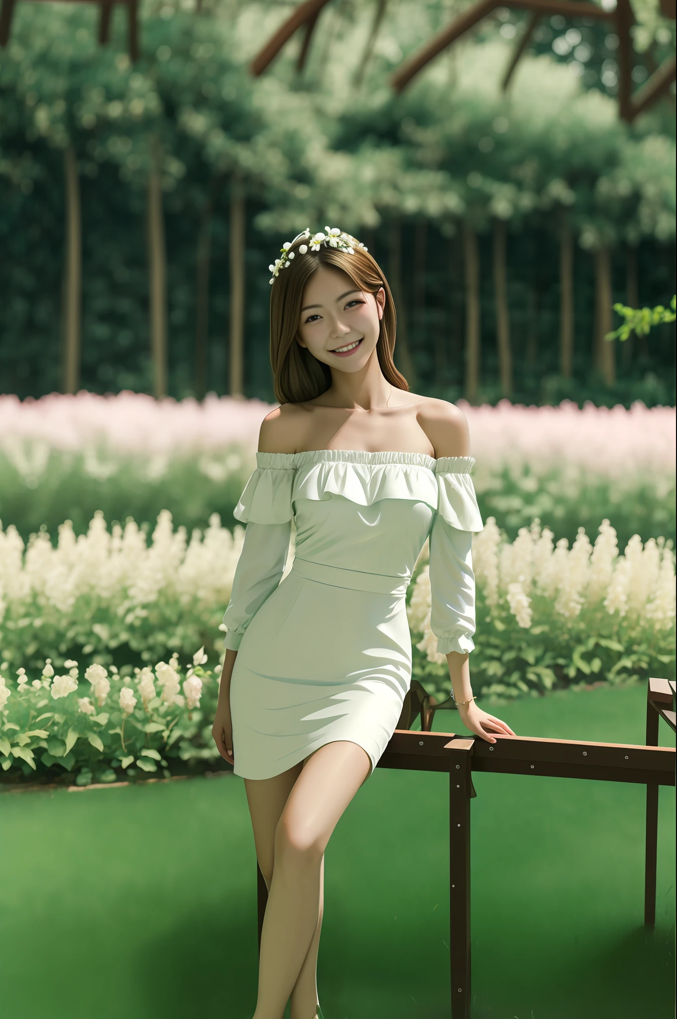 Best quality, masterpiece, ultra high res, (photorealistic:1.4), raw photo, 1girl, white dress, off shoulder, blossom flower field, glowing skin, light smile