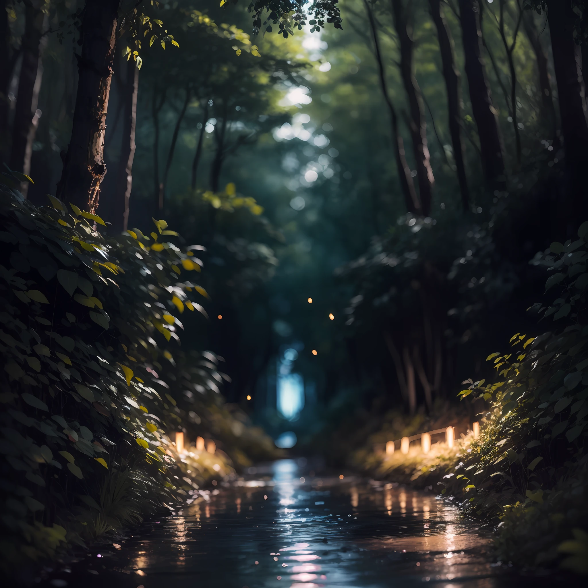a picture taken from a video game of a forest with a stream of water, magical forest with fireflies, anime lush john 8k woods, glowing forest, magical forest, magical forest backround, magical environment, firefly forest at night, fireflies flying in the forest, magical fantasy forest, in a magical forest, in the magical forest, glowing lights! digital painting --auto --s2
