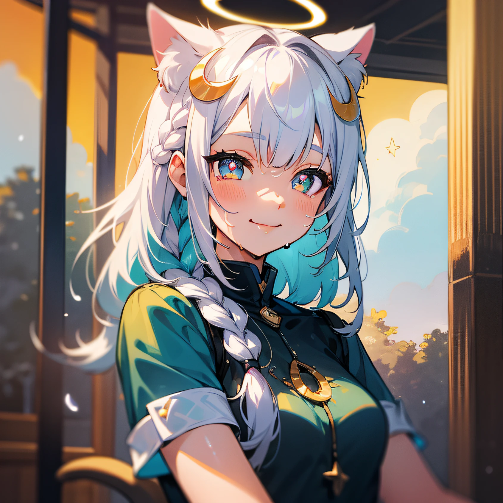 scenecy, ambiance, suns, Vivid, white hair, braid, wet hair, halo, crescent hair ornament, multicolored eyes, star-shaped pupils, cat ears, light smile, smile, anime style, masterpiece, high quality