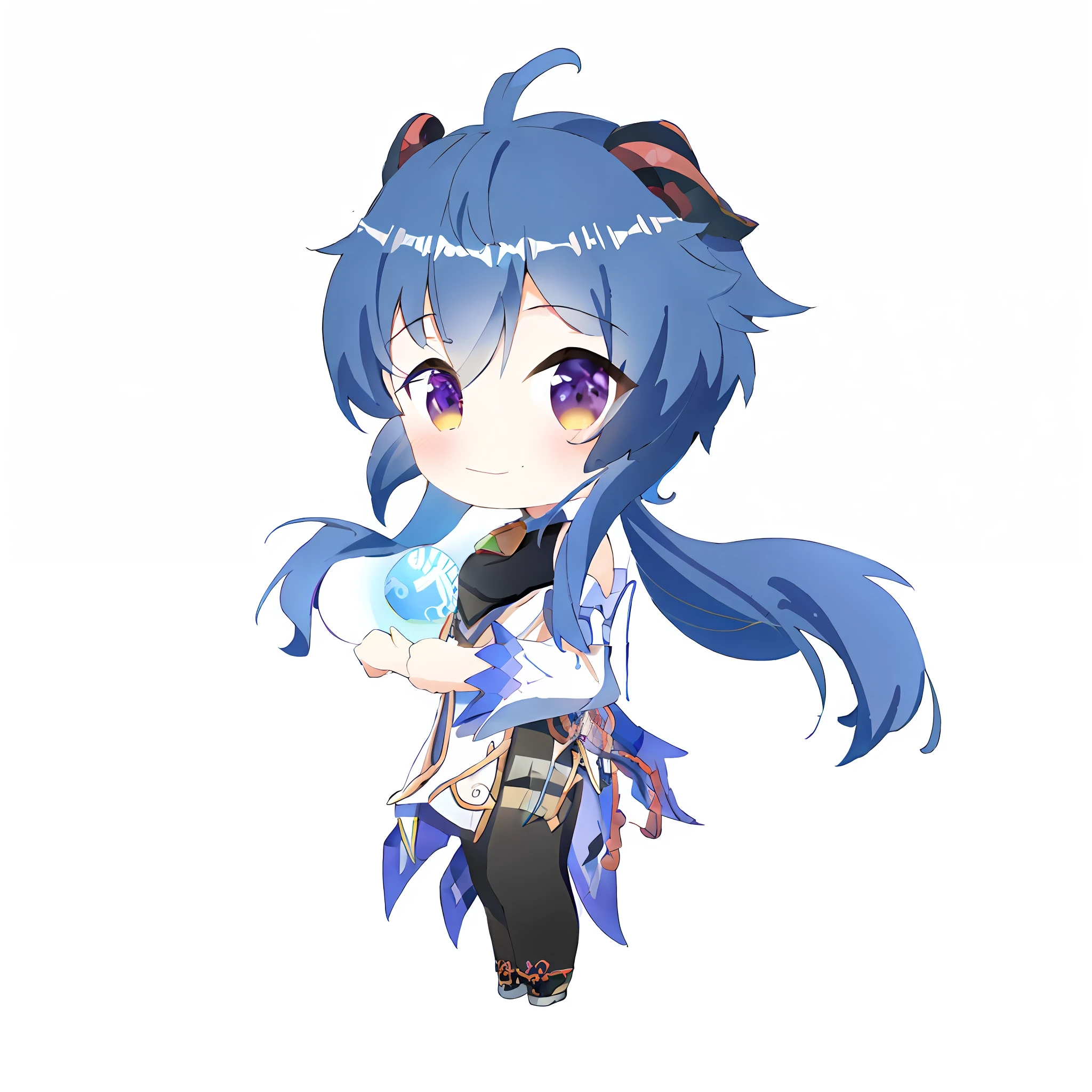 Anime girl with blue hair and black pants holding a blue ball, anime moe art style, water color nendoroid, tsuaii, touhou character, chibi monster girl, aqua from konosuba, Ayaka Genshin impact, shirabii, mika kurai demon, holding a pudica pose, anime chibi