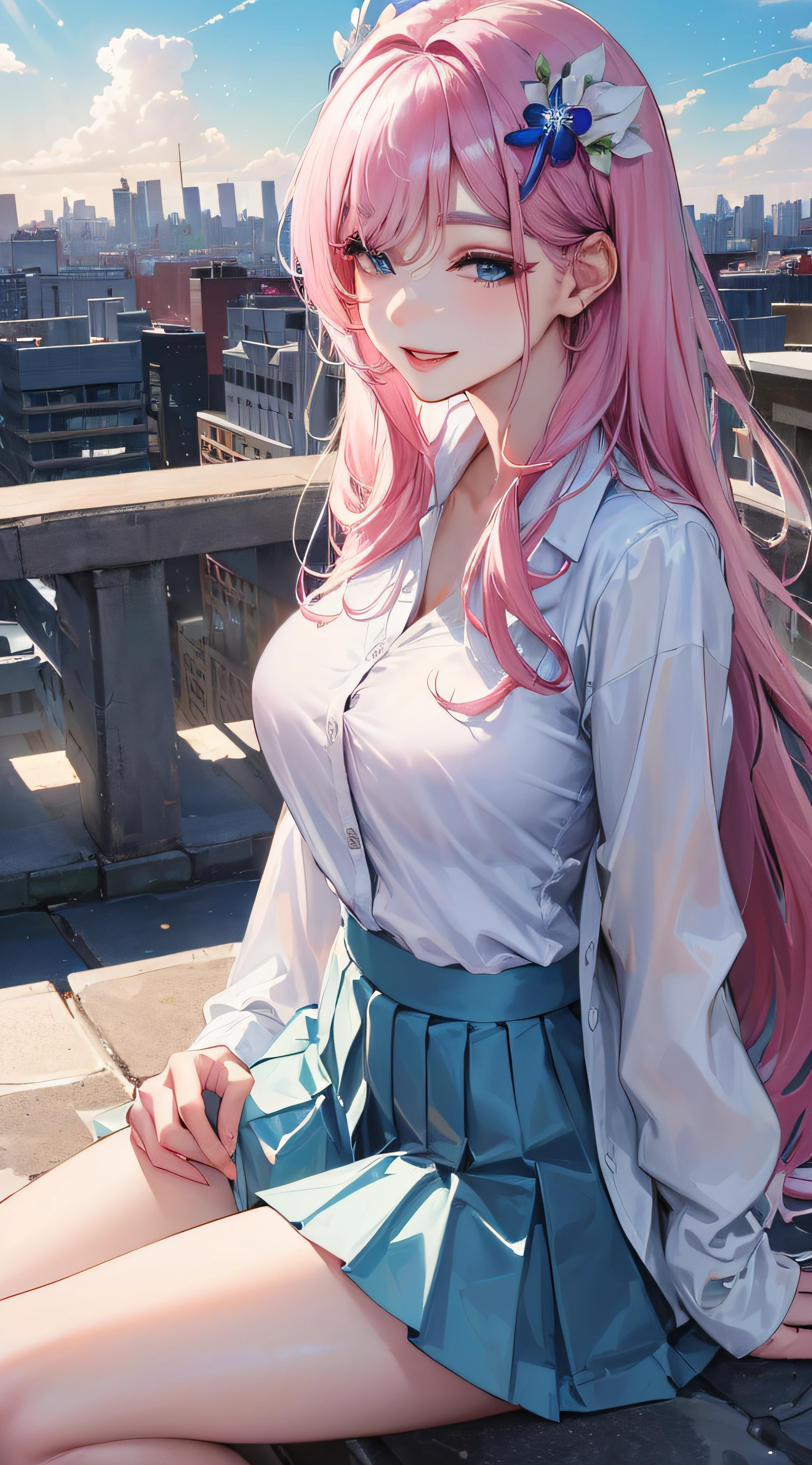 official art, masterpiece, sharp focus, (beautiful gorgeous cute Korean woman:1.3), (beautiful cute korean:1.3), korean beauty, Delicate and beautiful hair and eyes and face, realistic, ultra detailed, beautiful girl, blue sky, glow white particle, (sidelighting:1.2), sun light, white cloud, detailed clouds, slender, Lovely very large breasts and very large hips, smile with teeth, ((smile with eyes, open both eyes)), scenery, long straight hair, sexy facial expression, building, (cityscape:1.7), dynamic hair, long straight hair, detailed platinum pink hair, glow blue eyes, (blue pleated shirts + white skirt), white long socks, pale skin, hair ornament, epic scenery,