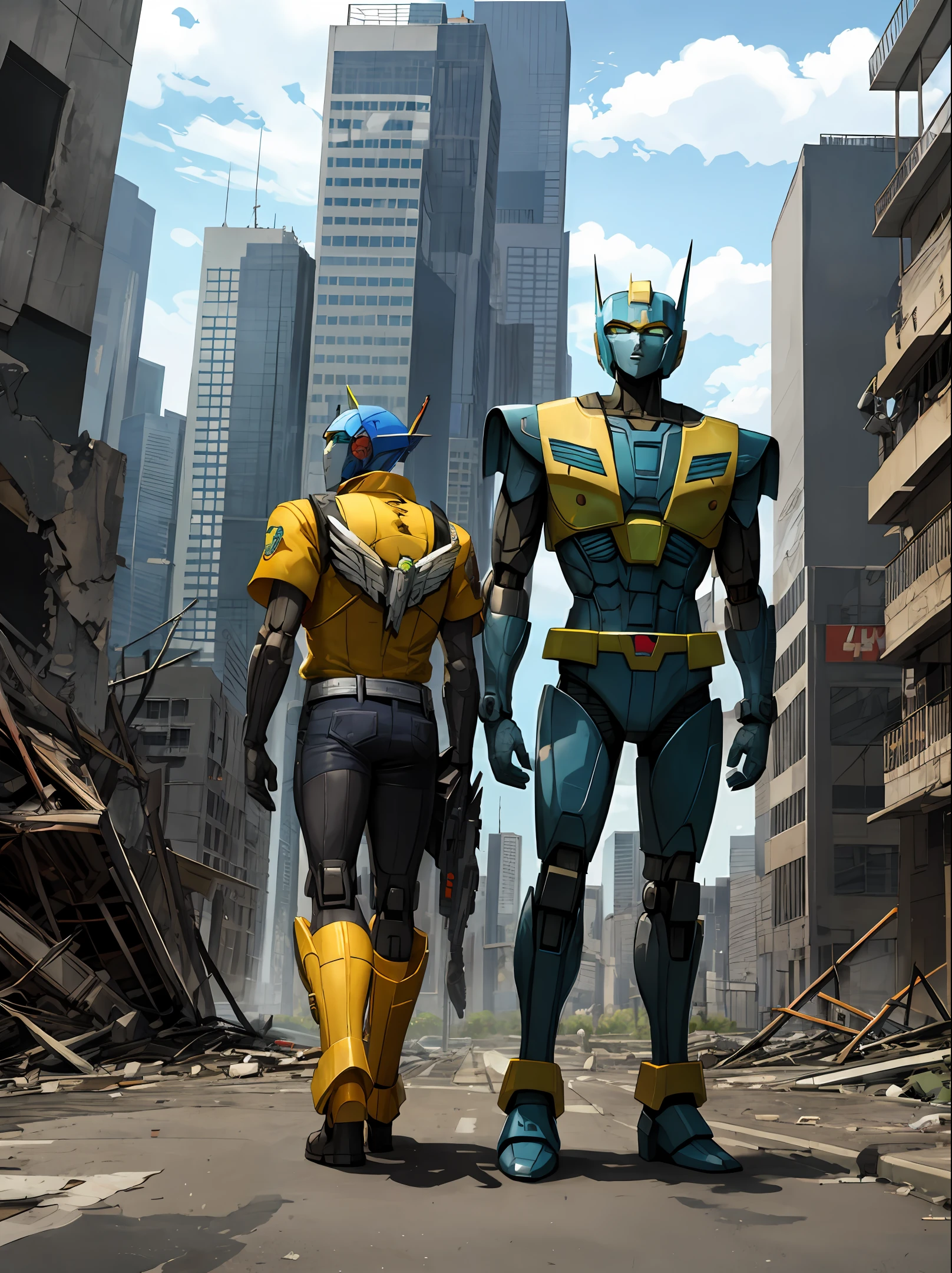 Transformers standing in the ruins of the city