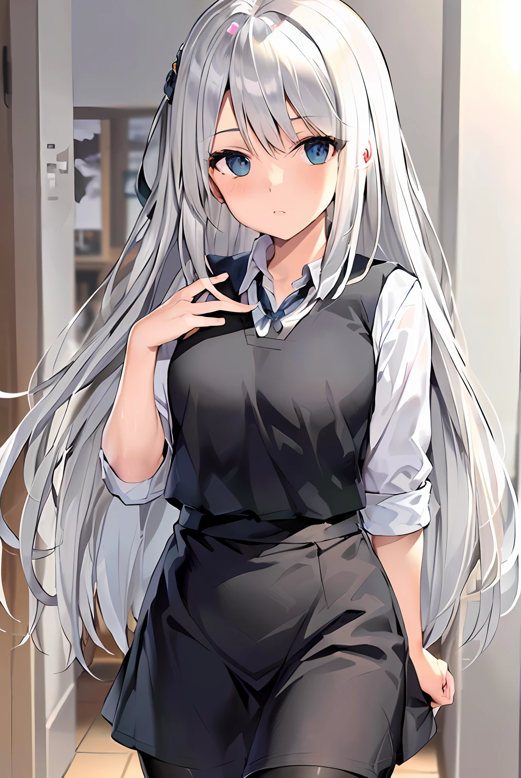 Two-dimensional JK school uniform White pantyhose White hair Eyes are loving cute than scissorhands