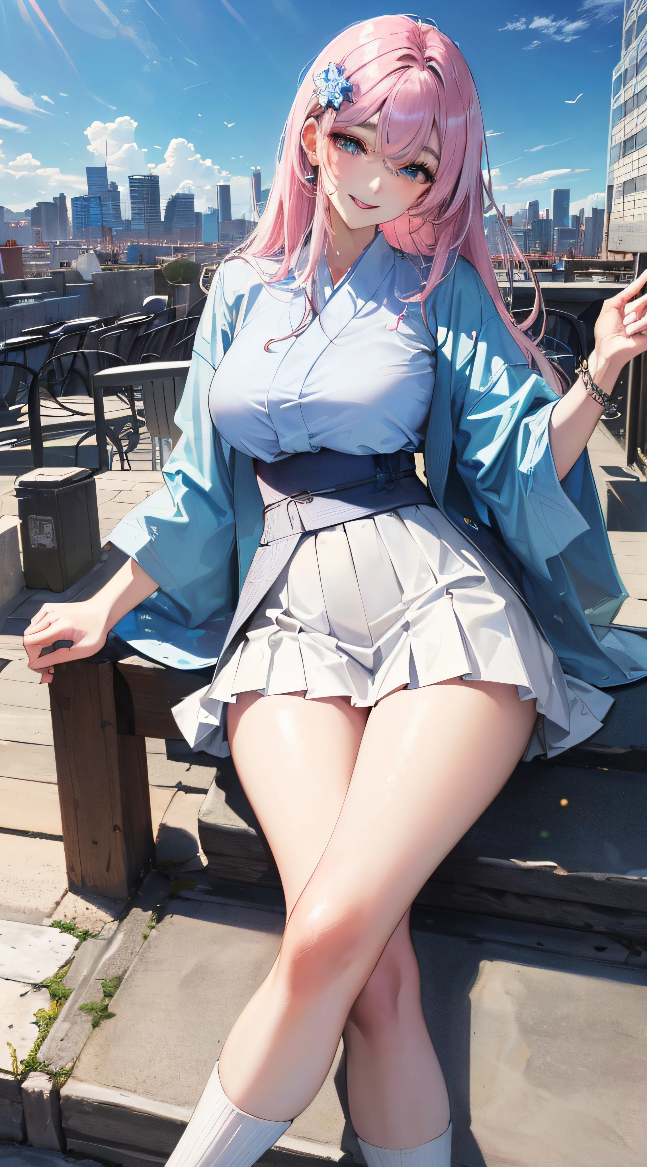 official art, masterpiece, sharp focus, (beautiful gorgeous cute Korean woman:1.3), (beautiful cute korean:1.3), korean beauty, Delicate and beautiful hair and eyes and face, realistic, ultra detailed, beautiful girl, blue sky, glow white particle, (sidelighting:1.2), sun light, white cloud, detailed clouds, slender, Lovely very large breasts and very large hips, smile with teeth, ((smile with eyes, open both eyes)), scenery, long straight hair, sexy facial expression, building, (cityscape:1.7), dynamic hair, long straight hair, detailed platinum pink hair, glow blue eyes, (blue pleated shirts + white skirt), white long socks, pale skin, hair ornament, epic scenery,
