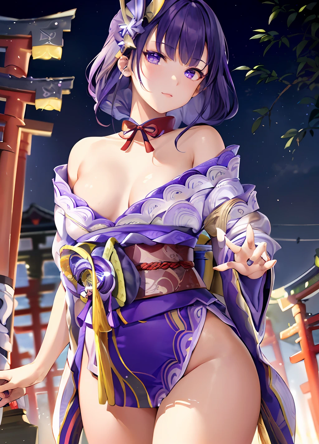 (masterpiece, finely detailed beautiful eyes: 1.2), high contrast, pastel colors, watercolor \(medium\),  (illustration:1.2), 1girl, solo, (raiden shogun:1.4), purple hair, purple eyes, bangs, braid, braided ponytail, breasts, hair ornament, japanese clothes, kimono, sash,red sash , (detailed background:1.4), (torii:1.4), (thighs:1.4), volumetric lighting, hyper detailed, highly detailed, beautiful, small details, ultra detailed, best quality, intricate, sharp, digital illustration, detailed, intricate, 4k, 8k, good anatomy, beautiful lighting, award-winning, highres, (extremely detailed CG, unity, 8k wallpaper:1.1), beautiful face, highly detailed face, zoomout, colorful, vibrant colors, nail polish, (glow:1.4)