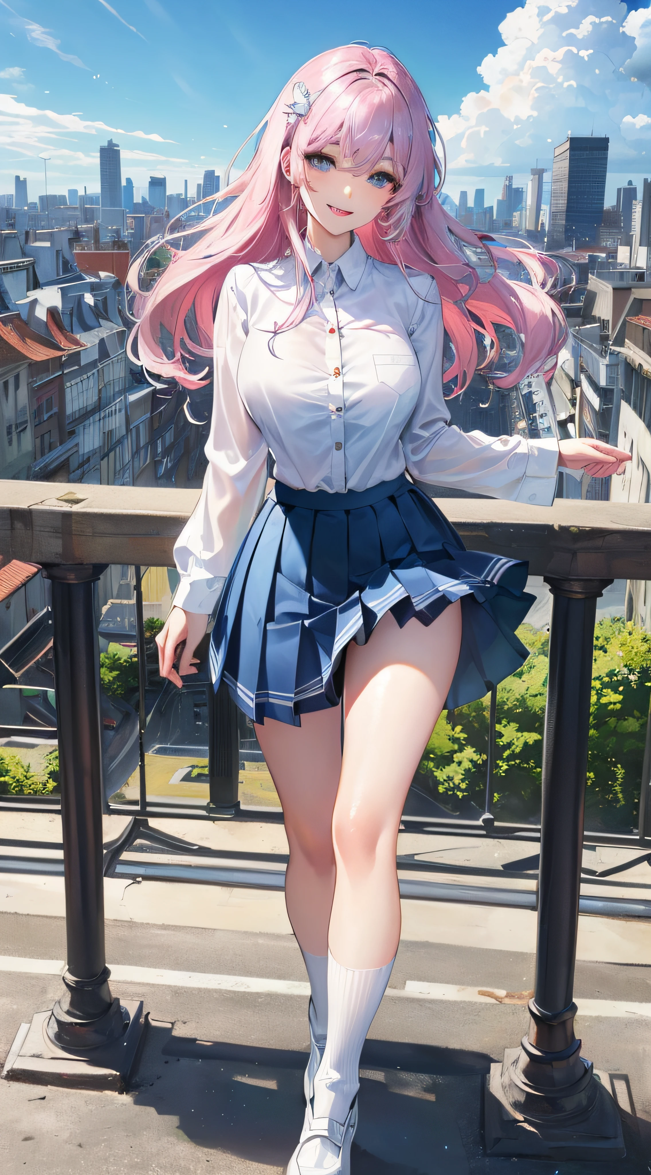 official art, masterpiece, sharp focus, (beautiful gorgeous cute Korean woman:1.3), (beautiful cute korean:1.3), korean beauty, Delicate and beautiful hair and eyes and face, realistic, ultra detailed, beautiful girl, blue sky, glow white particle, (sidelighting:1.2), sun light, white cloud, detailed clouds, slender, Lovely very large breasts and very large hips, smile with teeth, ((smile with eyes, open both eyes)), scenery, long straight hair, sexy facial expression, building, (cityscape:1.7), dynamic hair, long straight hair, detailed platinum pink hair, glow blue eyes, (blue pleated shirts + white skirt), white long socks, pale skin, hair ornament, epic scenery,