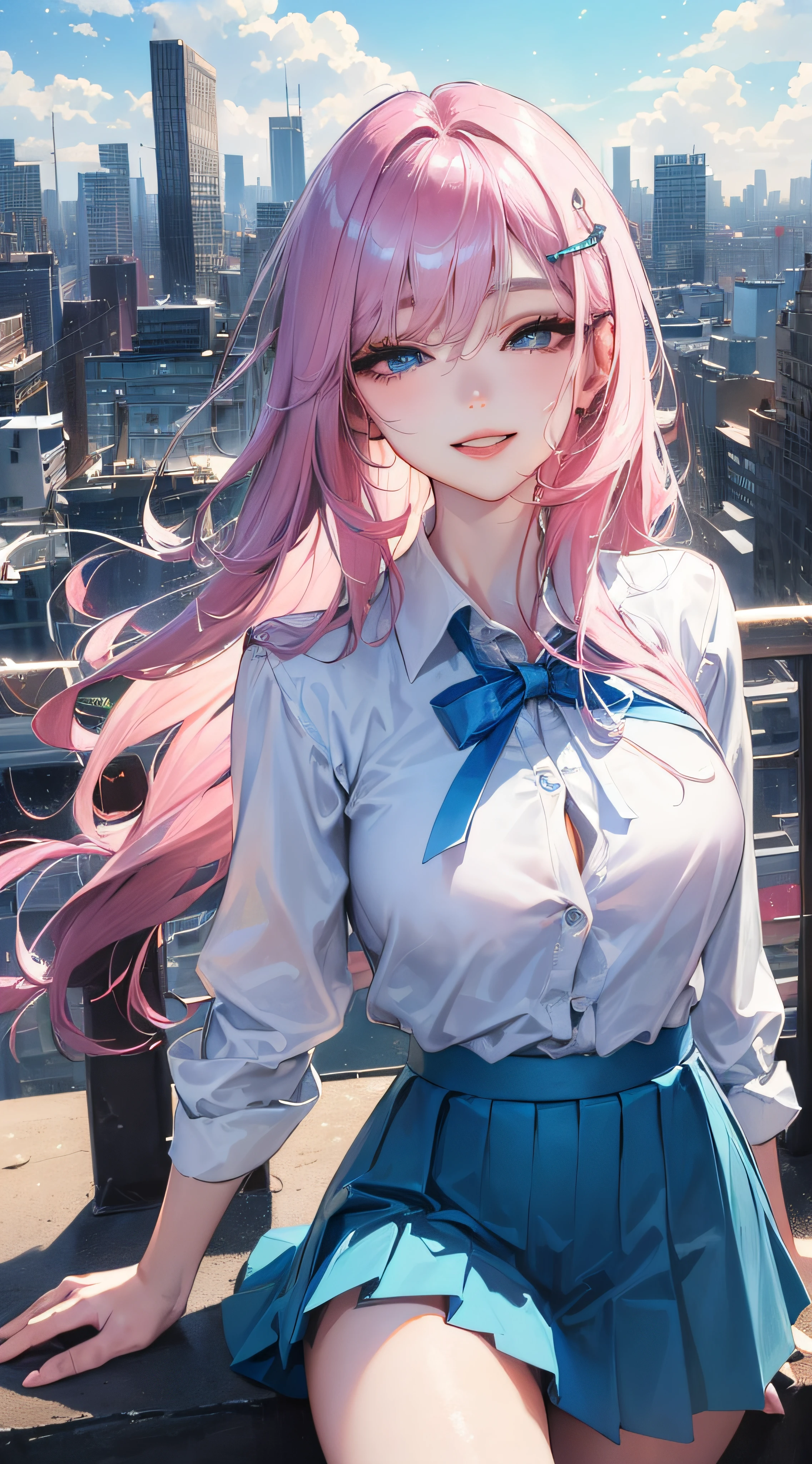 official art, masterpiece, sharp focus, (beautiful gorgeous cute Korean woman:1.3), (beautiful cute korean:1.3), korean beauty, Delicate and beautiful hair and eyes and face, realistic, ultra detailed, beautiful girl, blue sky, glow white particle, (sidelighting:1.2), sun light, white cloud, detailed clouds, slender, Lovely very large breasts and very large hips, smile with teeth, ((smile with eyes, open both eyes)), scenery, long straight hair, sexy facial expression, building, (cityscape:1.7), dynamic hair, long straight hair, detailed platinum pink hair, glow blue eyes, (blue pleated shirts + white skirt), white long socks, pale skin, hair ornament, epic scenery,