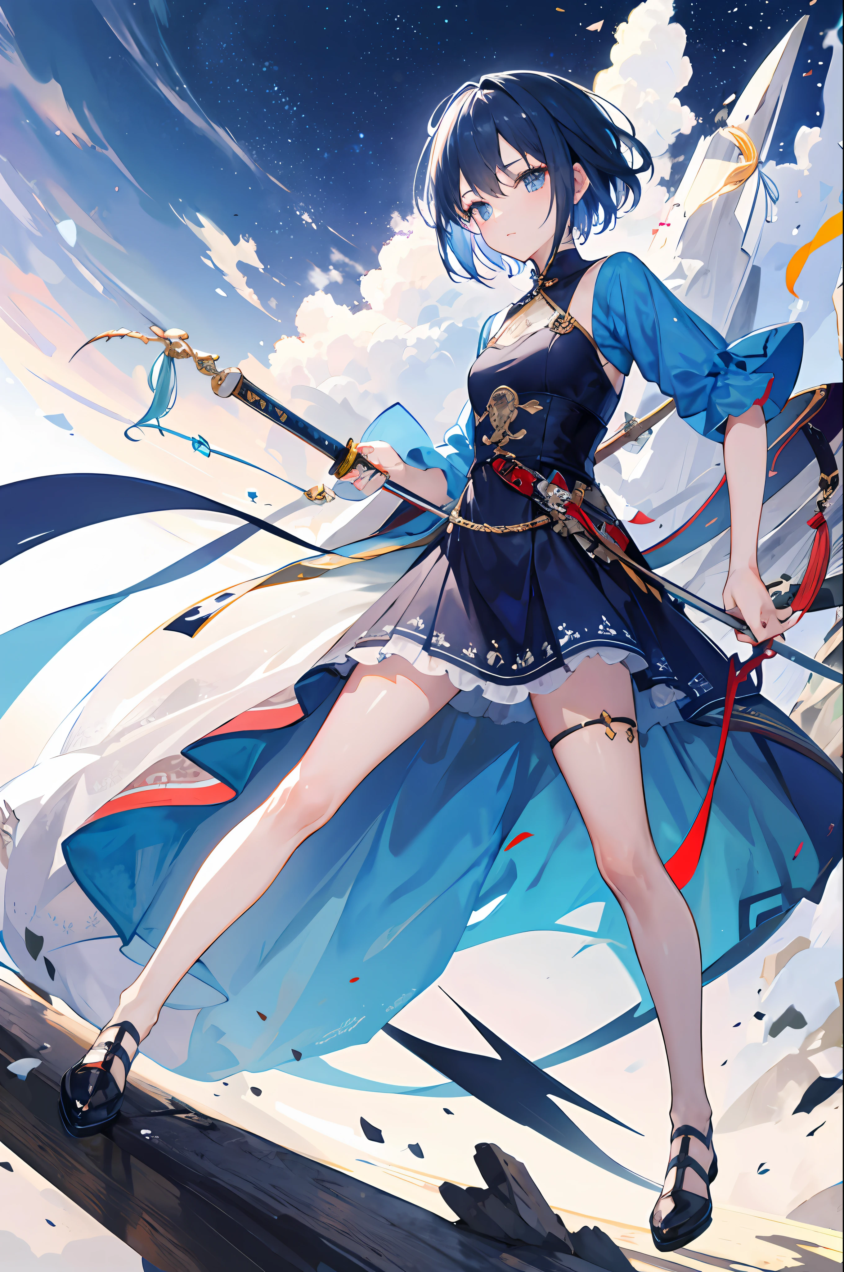the original god,Ok Qiu,blue short hair,ar old,Unisex dress,Take a sword,Eau