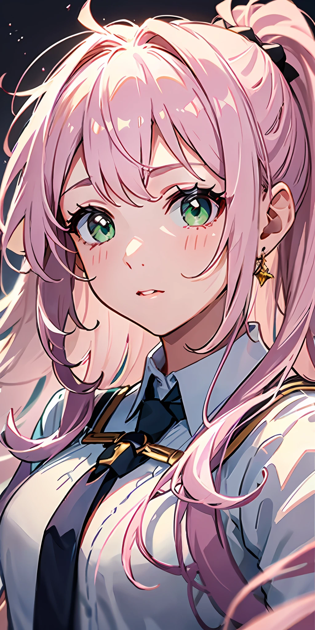 Close-up of a pink girl with long hair in a single ponytail，Green eyes glowing with light，Wearing pink ties, mostly white sailor suits，The pleated skirt ends pink。