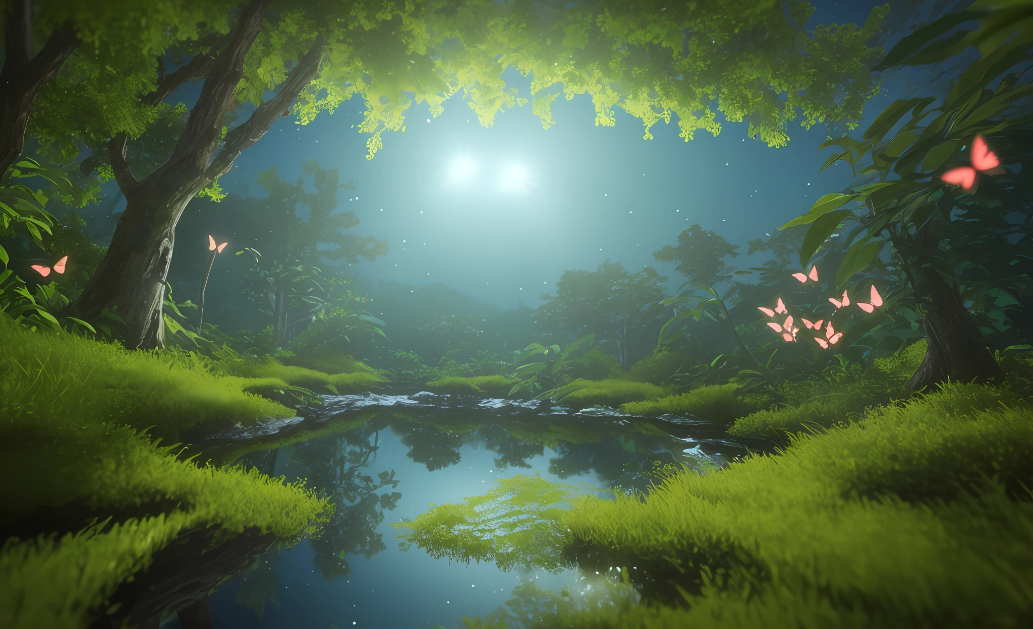 A masterpiece, the best quality, stunning reflections, the best reflections ever. (very detailed CG unity 8k wallpapers), (best quality), (best illustrations), (best shadows), forest theme with natural elements. Tall trees, quiet streams, small glowing mushrooms surrounded by delicate leaves and branches, with fireflies and glowing particle effects,, (natural elements), (jungle theme), (leaves), (twigs), (fireflies), butterflies, (delicate leaves), (glow), (particle effects). , Isometric 3D, Octane Rendering, Ray Traced, Super Detailed