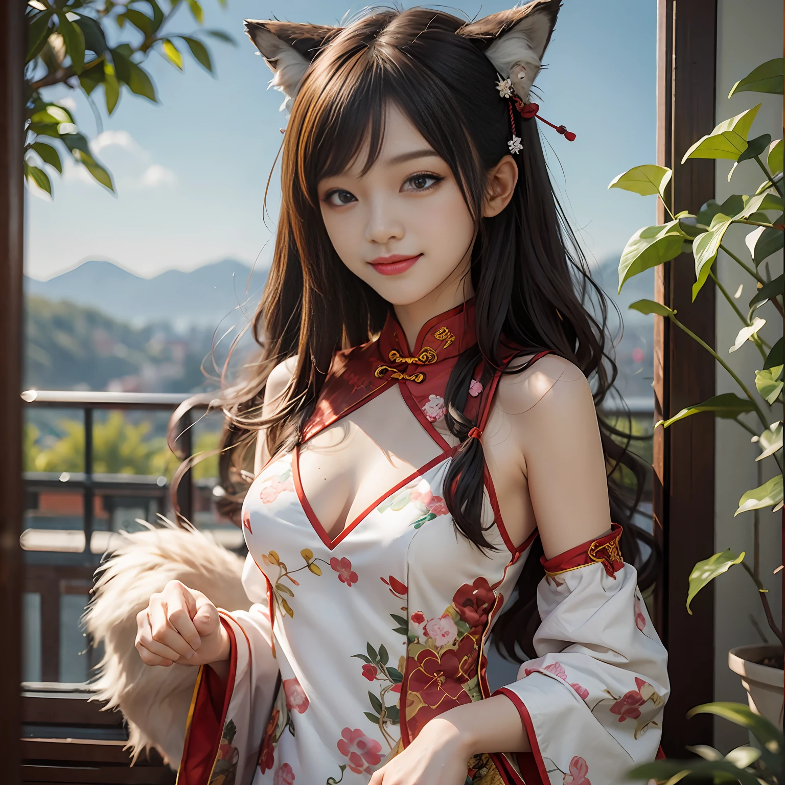 Wolf logo，Cute smile, Chinese girl，bared  chest，on cheongsam，Look to the lens