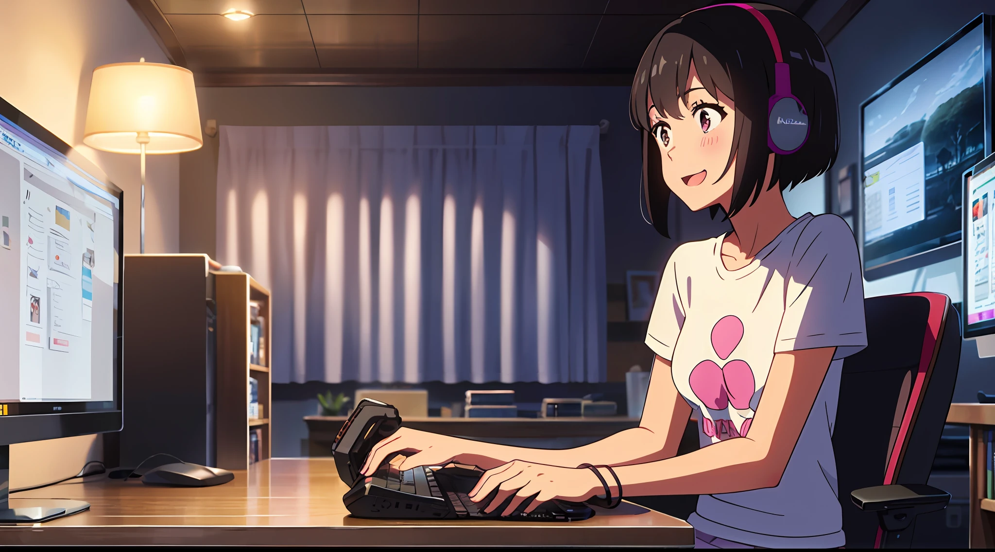 shinkai makoto, kimi no na wa., 1girl, bangs, black hair, blush, brown eyes, cloud, looking at the audience, t-shirt, short hair, night sky, smile, solo, open mouth, upper body, pink t-shirt, skirt, white skirt, girl playing video games, indoor, room, computer, keyboard, mouse, monitor, playing computer, chair, desk, lamp, clock, sitting, gaming, gaming platform, gaming pc, earmuffs