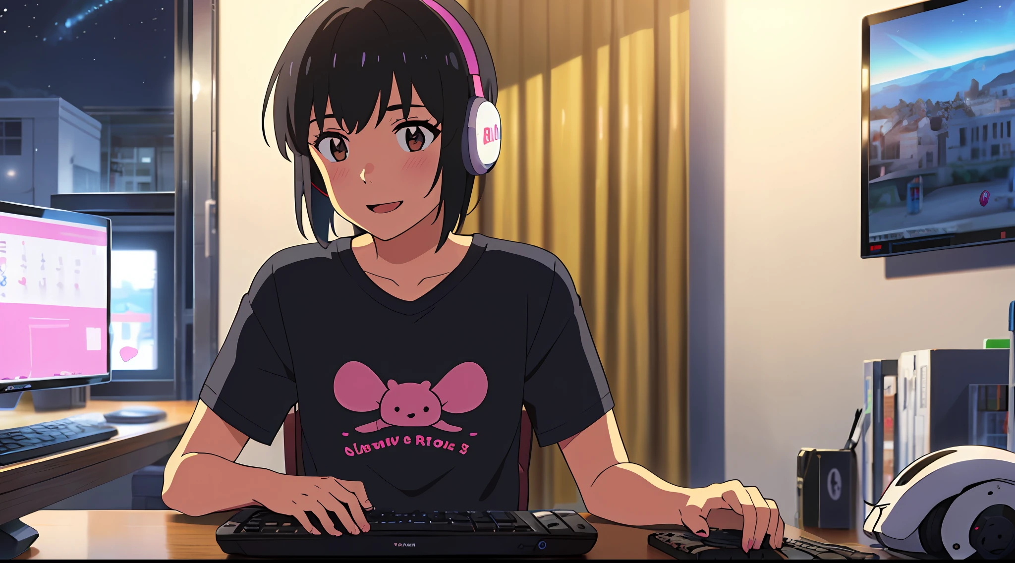 shinkai makoto, kimi no na wa., 1girl, bangs, black hair, blush, brown eyes, cloud, looking at the audience, t-shirt, short hair, night sky, smile, solo, open mouth, upper body, pink t-shirt, skirt, white skirt, girl playing video games, indoor, room, computer, keyboard, mouse, monitor, playing computer, chair, desk, lamp, clock, sitting, gaming, gaming platform, gaming pc, earmuffs