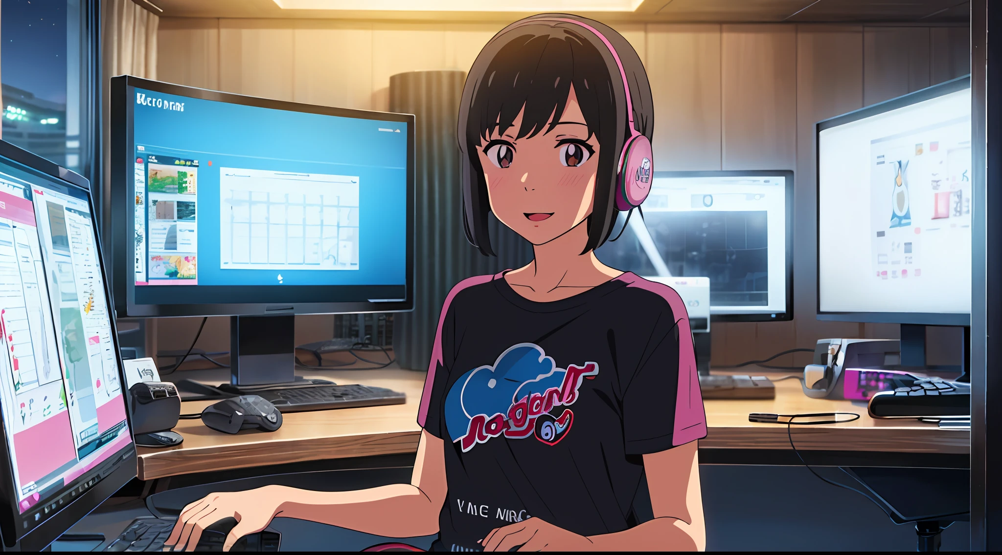 shinkai makoto, kimi no na wa., 1girl, bangs, black hair, blush, brown eyes, cloud, looking at the audience, t-shirt, short hair, night sky, smile, solo, open mouth, upper body, pink t-shirt, skirt, white skirt, girl playing video games, indoor, room, computer, keyboard, mouse, monitor, playing computer, chair, desk, lamp, clock, sitting, gaming, gaming platform, gaming pc, earmuffs