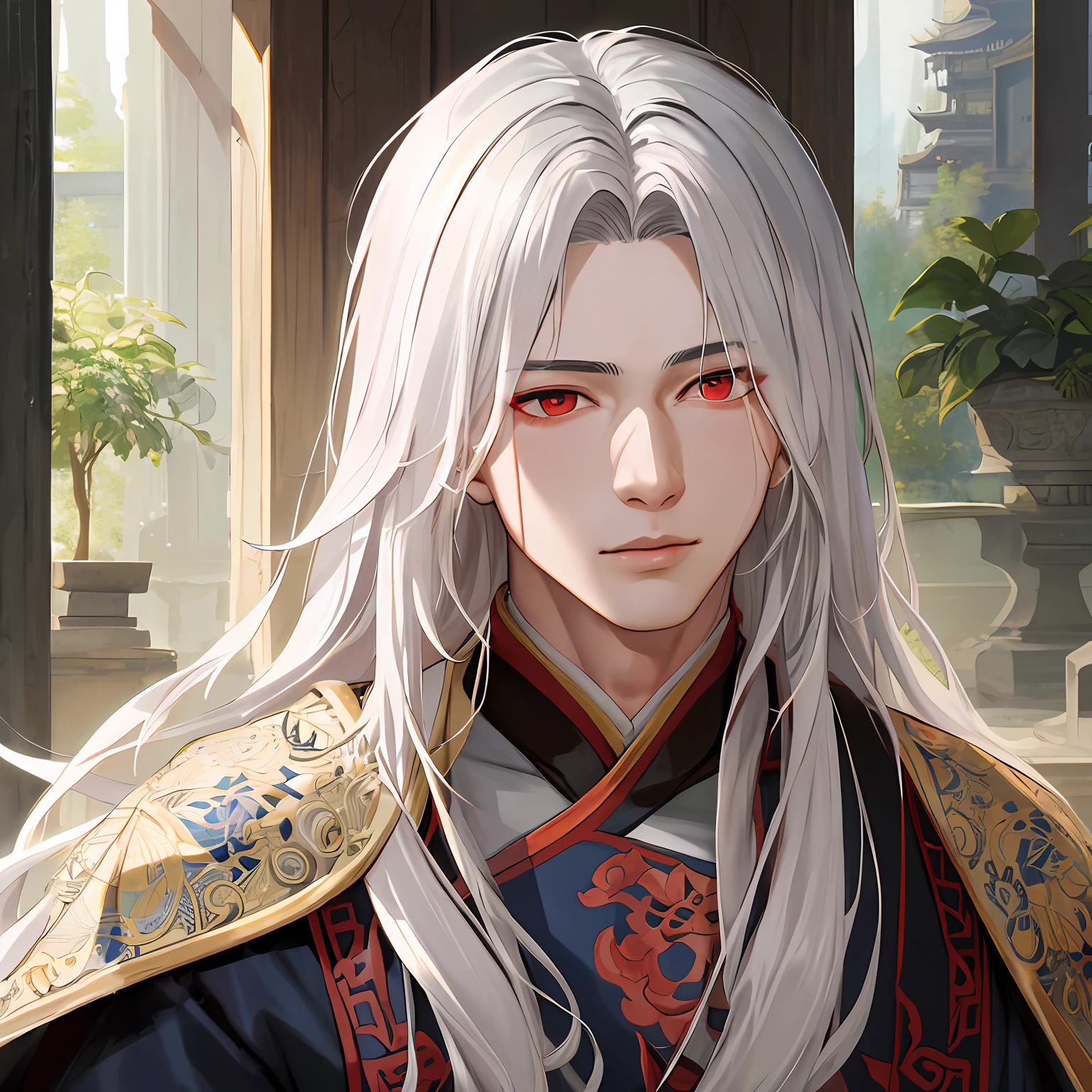 nsfw, masterpiece, best quality, ultra-detailed, semi-realistic, detailed facial features, 1boy, white hair, long hair, red eyes, wearing a detailed and intricate xianxia ancient clothes