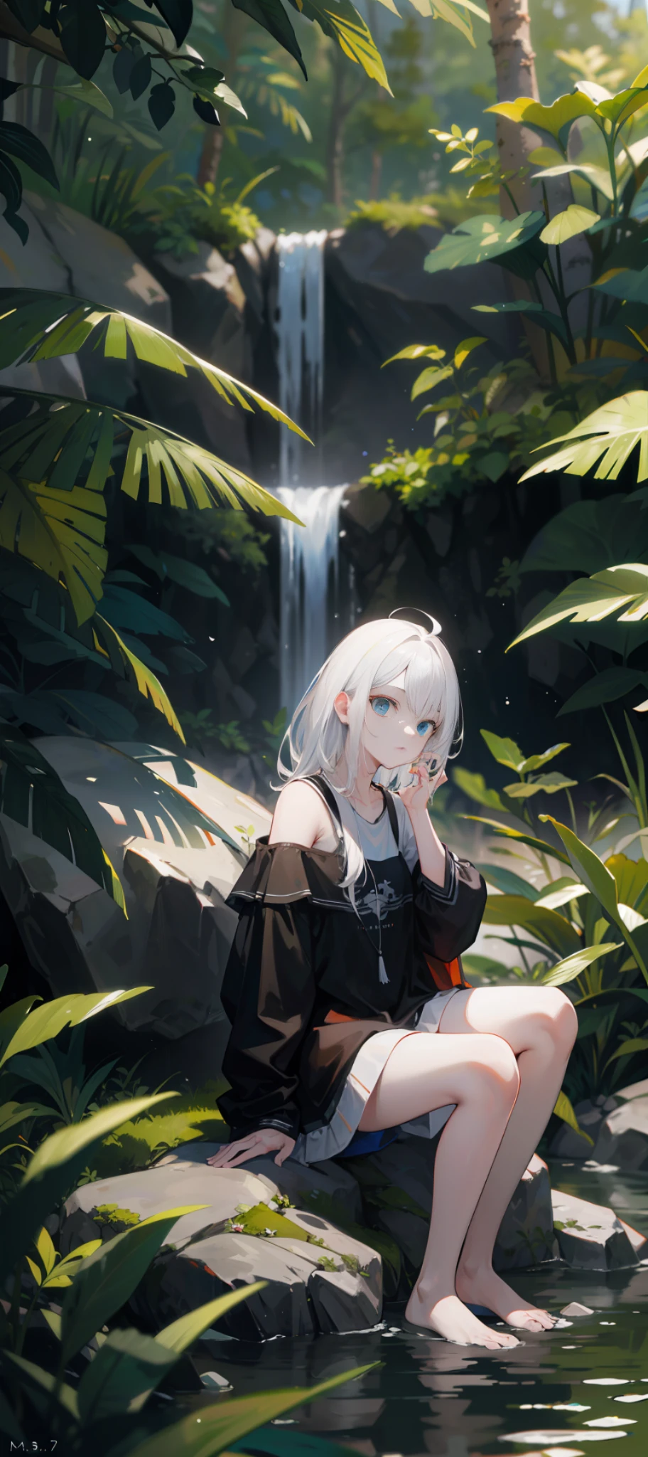 (masterpiece:1.3), (8k, photorealistic, RAW photo, best quality: 1.4), clear face,
Detailed face, Extremely Detailed, Ambient Soft Lighting, 4K,Blurry, Blurry Background, Depth of Field, Bokeh, DOF, Fog, Bloom, (landscapes)
Outdoors, (Nature, tropical forest:1.2), (Rocks:1.2), Mountais, Plants, (waterfall), ((a white hair girl sitting on a rock snout)), blue eyes