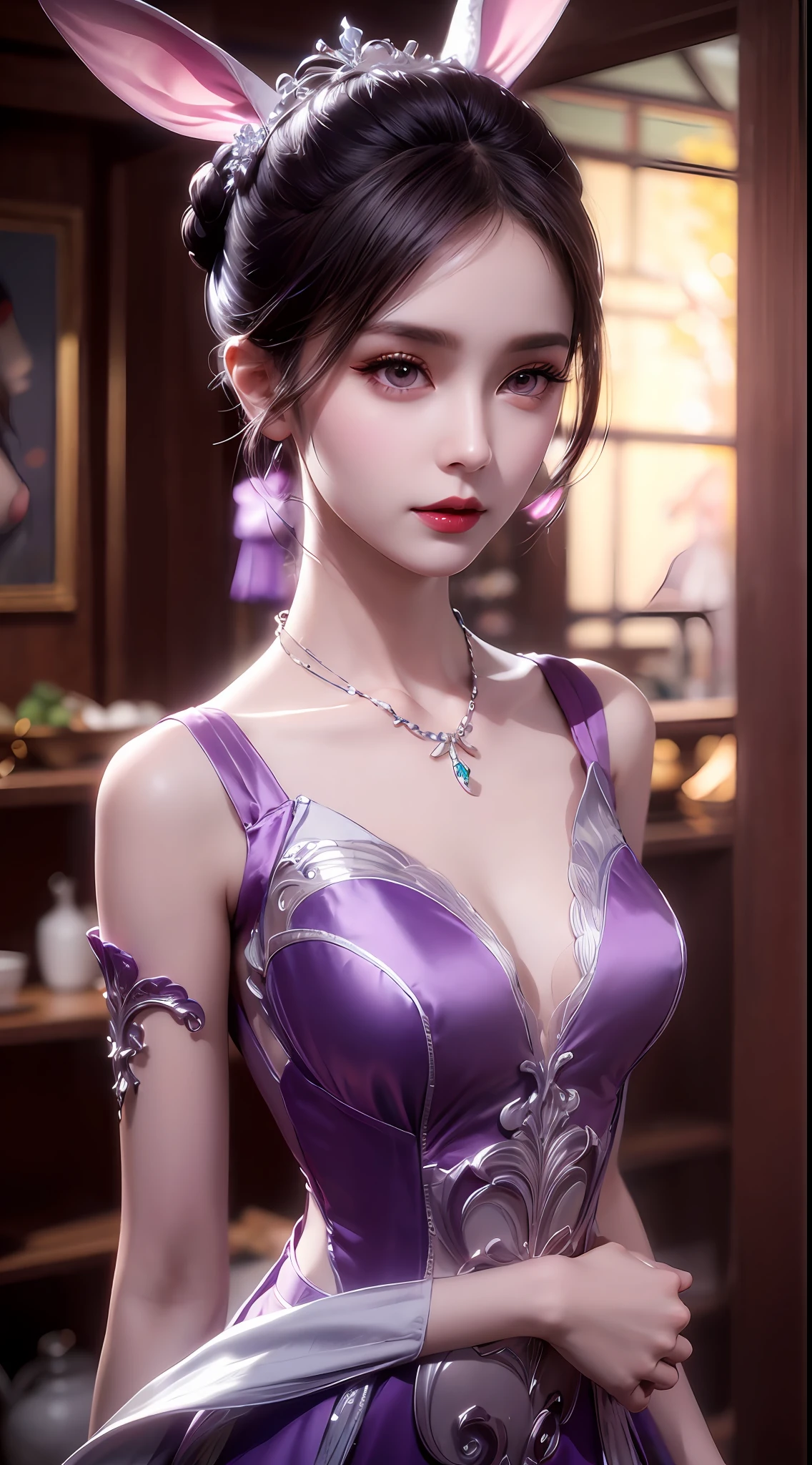 1 beautiful girl in Han costume, thin purple silk shirt with white color with many textures, white lace top, long platinum purple ponytail, hair jewelry, ear jewelry, light purple rabbit ears, necklace and necklace, meticulously drawn large purple eyes, meticulous makeup, thin eyebrows, high nose, lovely red lips, not smiling, pursed lips, rosy cheeks, wide breasts, big breasts , well-proportioned bust, slim waist, purple mesh socks, chinese hanfu style, fictitious art textures, vivid and realistic colors, RAW photos, realistic photos, ultra high quality 8k surreal photos, (effective fantasy light effect: 1.8), 10x pixel, magic effect (background): 1.8), super detailed eyes, girl body portrait, solo girl, ancient hanfu background,