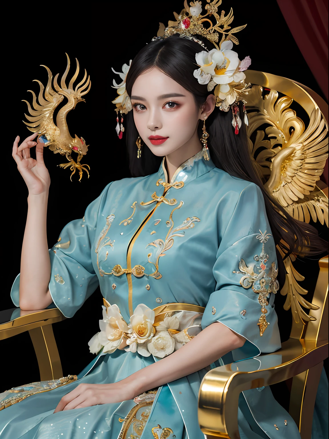 A Chinese girl sitting on a throne, a throne encrusted with precious stones, surrounded by Chinese phoenix beasts, gold and ruby color, unique monster illustration, dau al set, high resolution, A painting, dense composition, playful repetition, Pedras preciosas, crystals, gold, Detailed paintings, unique monster illustration, Super fine details, Realistic, Super high resolution, complex, Super detail, (dent in the skin), Cute, Feminine, Detailed body, (Detailed face: 1.1), (contoured iris), (Watercolor lenses), (Perfect eyes), 4K, Gorgeous, (Masterpiece: 1.2), (Best quality: 1.2), Gorgeous long dress, Dynamic pose, Rich colors, Film light and shadow,red and golden clothes