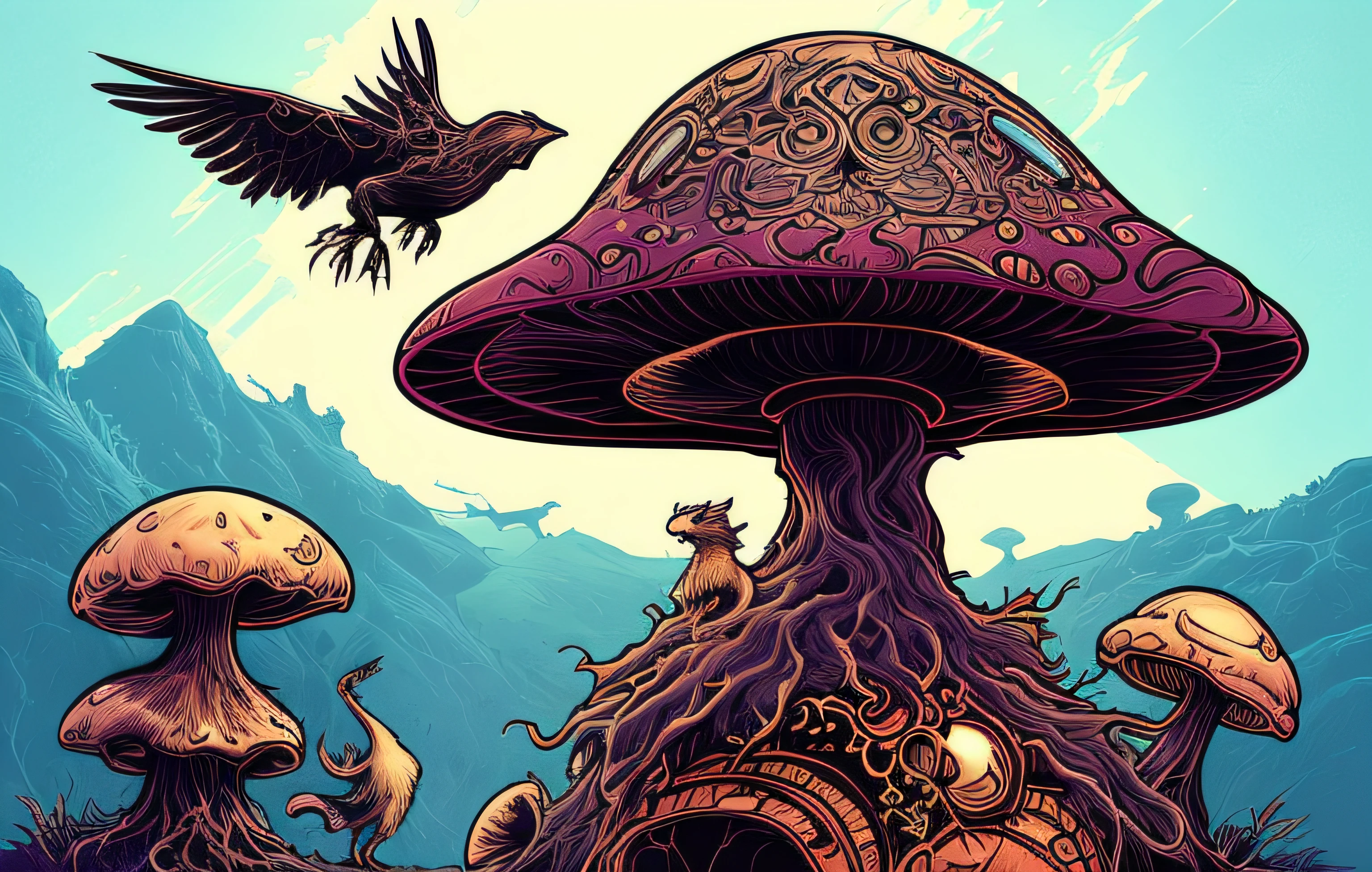 By (dan mumford:1.4) extremely epic illustration,Fantasize about charming animals， fantasy enchanted beautiful mushroom with glowing pastel colors and gold, intricate, dramatic lighting, (thick lines:1.5), thick contours, low detailed