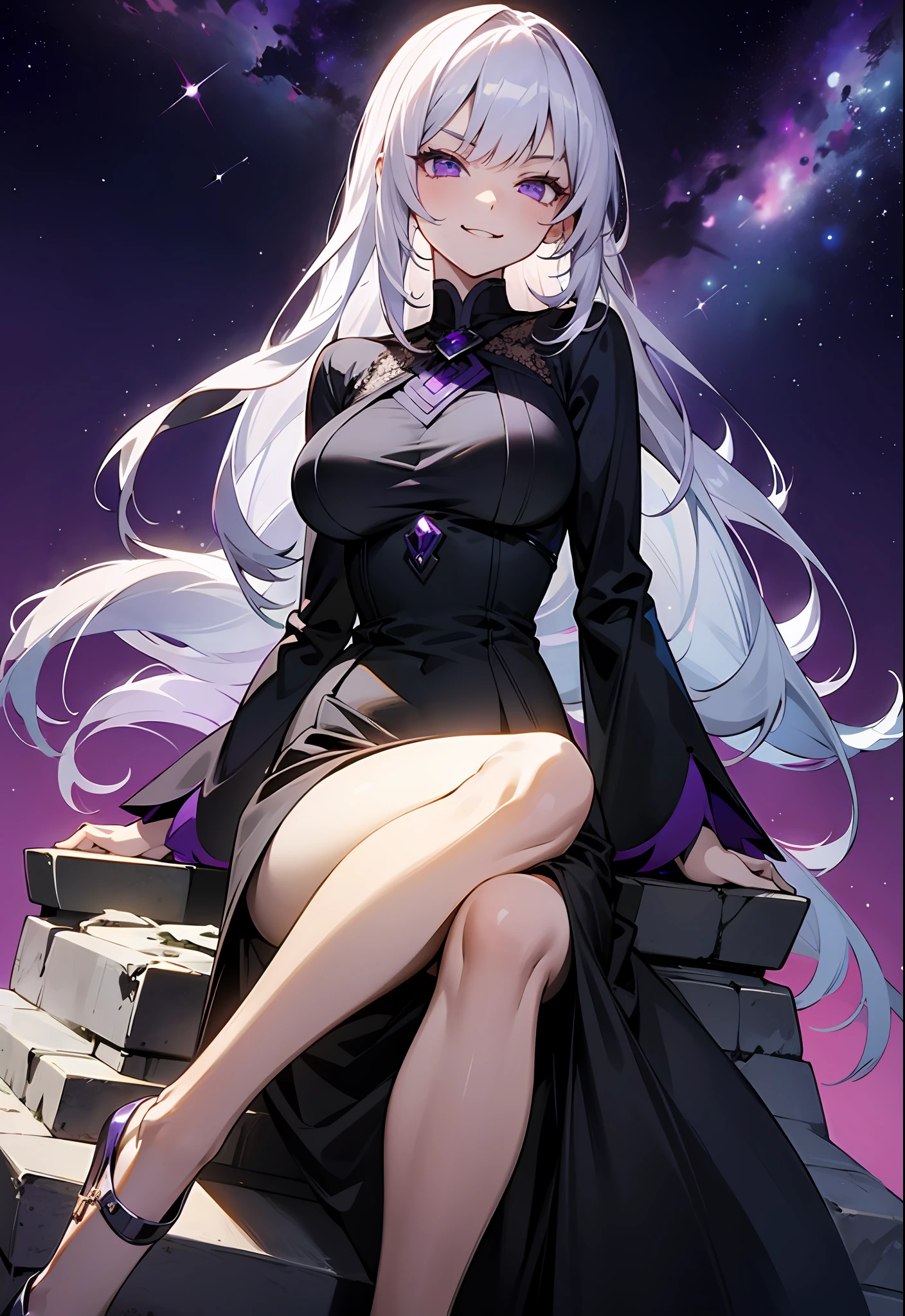 (medium portrait:0.7), (best illumination:1.1), (long white hair:1.1), (purple eyes:1.1), 1girl, adult woman, evilish serious smile, dark-gray dress with white details, big breasts, sitting on a stone throne, purple starry sky in background