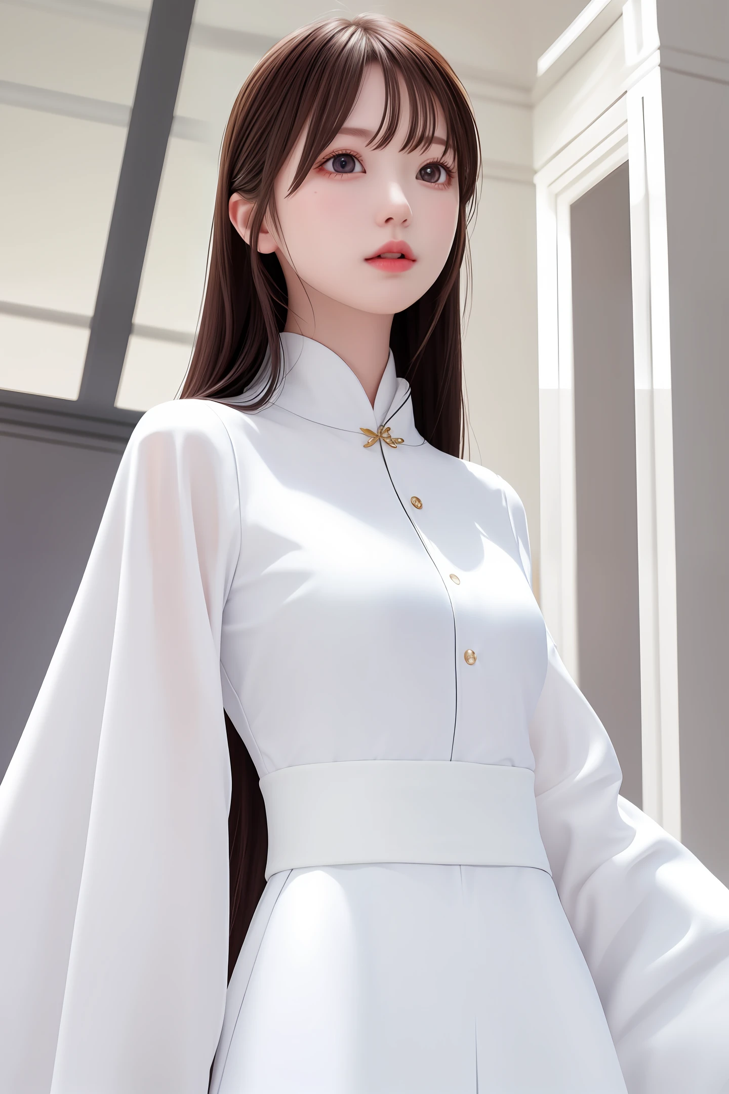 White clothes,Look up,The upper part of the body,Long hair