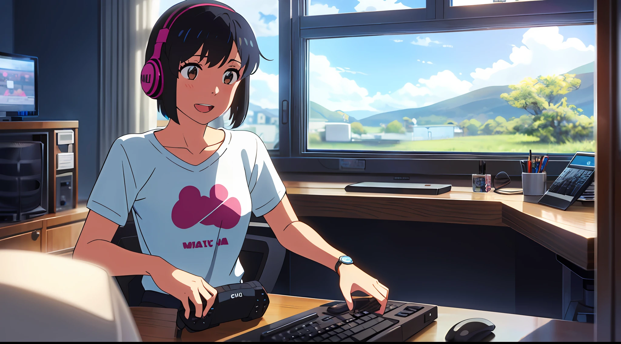 shinkai makoto, kimi no na wa., 1girl, bangs, black hair, blush, brown eyes, cloud, looking at the audience, t-shirt, short hair, blue sky, cloud, smile, solo, open mouth, upper body, white t-shirt, skirt, white skirt, girl playing video games, indoor, room, computer, keyboard, mouse, monitor, playing computer, chair, desk, lamp, clock, women's watch, sitting, gaming, gaming platform, gaming pc, earmuffs