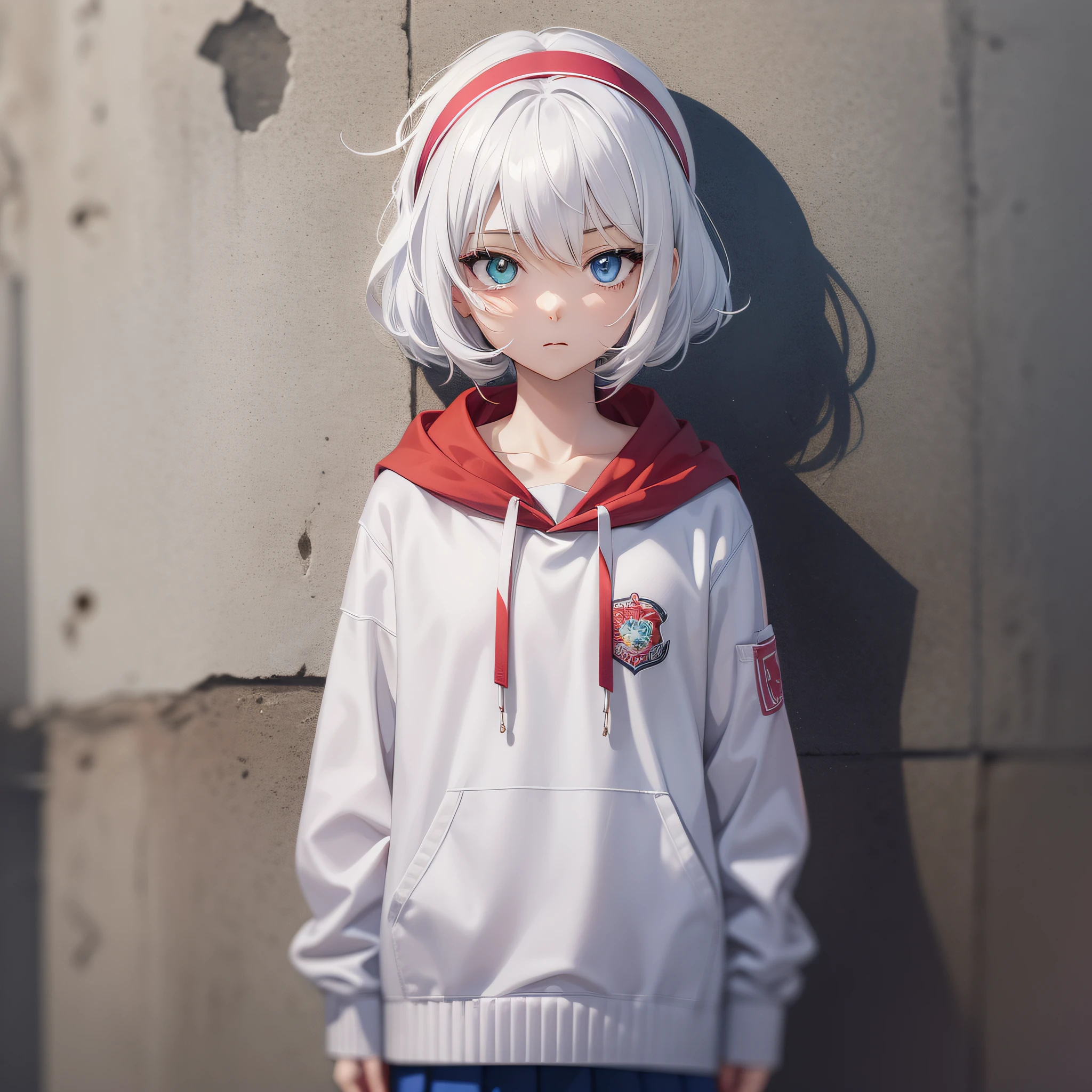 Anime characters with white hair and blue eyes, anime visual of a cute girl, Anime moe art style,Girl with short white hair, Shoujo white hair young anime girl, official character art,Sweatshirt school uniform,teens girl,White color hair,red hairband,Heterochromic pupils,tilts your head,face expressionless,underage,flatchest,apathy