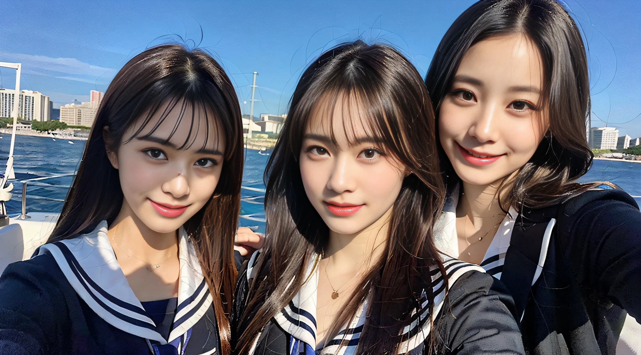 (8K、Raw photography、top-quality、masterpiece:1.2)、ultra-detailliert、ultra res、(realisitic、Real Photographics:1.47)、(I enjoy fishing out to sea by boat)Above the sea、Fishing for red snapper、High school girl with fishing rod、Japan school uniform、fishing rod、have a fishing rod、head to waist、de pele branca、Fair-skinned female proofreading、An ultra-high picture quality、Beautiful female proofreading reflecting in light、amazing detailed、Beautiful girls in very detailed、Faces with different patterns、Different face patterns、Each hairstyle has its own characteristics、Farbe々Hairstyle、Farbe々Hair color shining with clean light、I enjoy fishing on a boat、Brown hair shining in the light、One has a ponytail、、Modern cute high school girl、very detailed faces very detailed eyes、Very realistic skin、 extremely detailed fingers, highly detailed nose, highly detail mouth, perfect anatomia, Highly detailed sailor suit、、The details of their hair and uniforms shine through、Burning teeth and smiling、Realistic body, de pele branca, glistning skin, Slim body, Long straight hair, (Blunt bangs:1.2), , nixeu and sakimichan, TWICE, Seifuku, sakimichan, JK Uniform, wearing japanese school uniform, promo still, Larisa Manobal, Japan school uniform, japanese girl school uniform, alena aenami and lilia alvarado