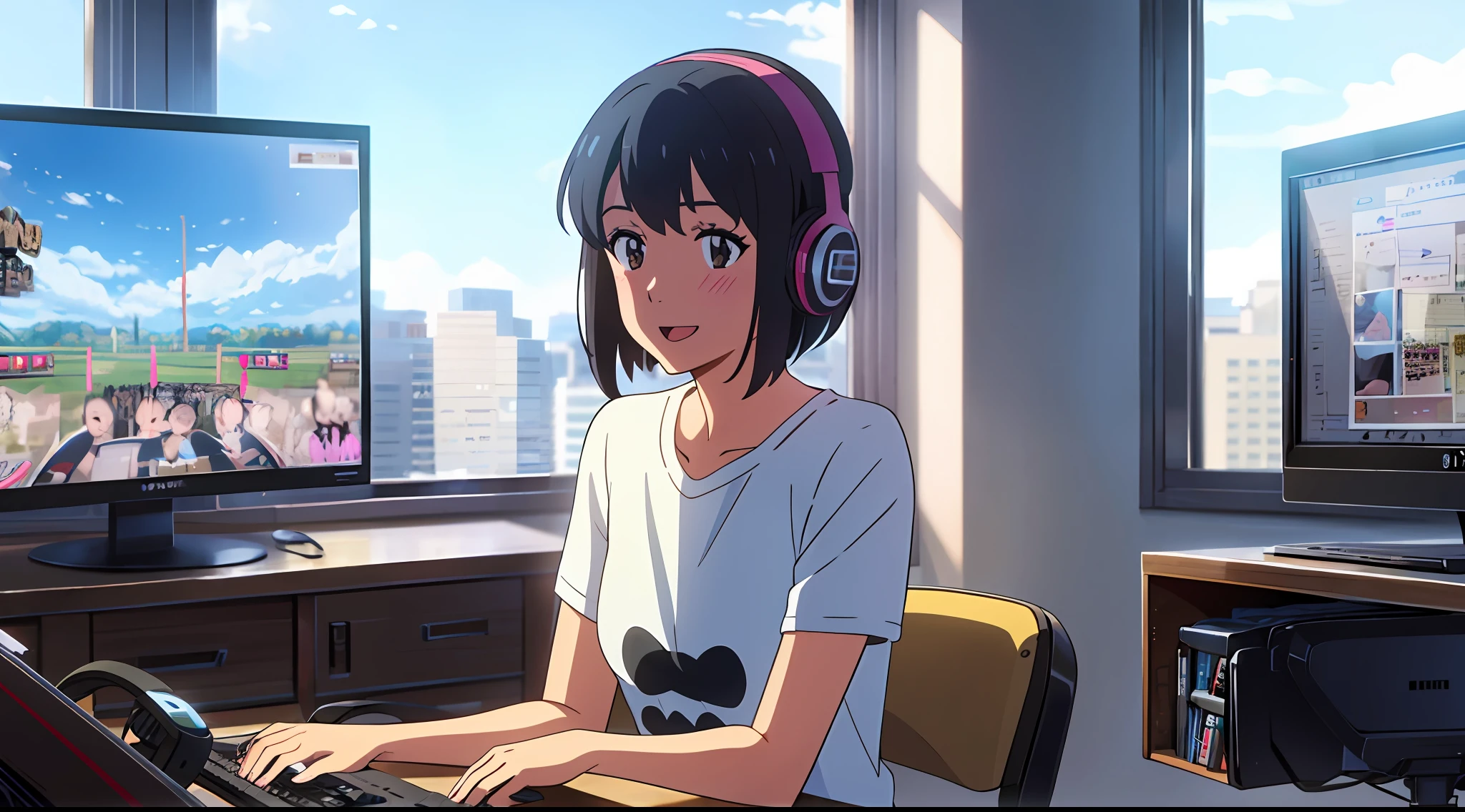 shinkai makoto, kimi no na wa., 1girl, bangs, black hair, blush, brown eyes, cloud, looking at the audience, t-shirt, short hair, blue sky, cloud, smile, solo, open mouth, upper body, white t-shirt, skirt, white skirt, girl playing video games, indoor, room, computer, keyboard, mouse, monitor, playing computer, chair, desk, lamp, clock, sitting, gaming, gaming platform, gaming pc, earmuffs