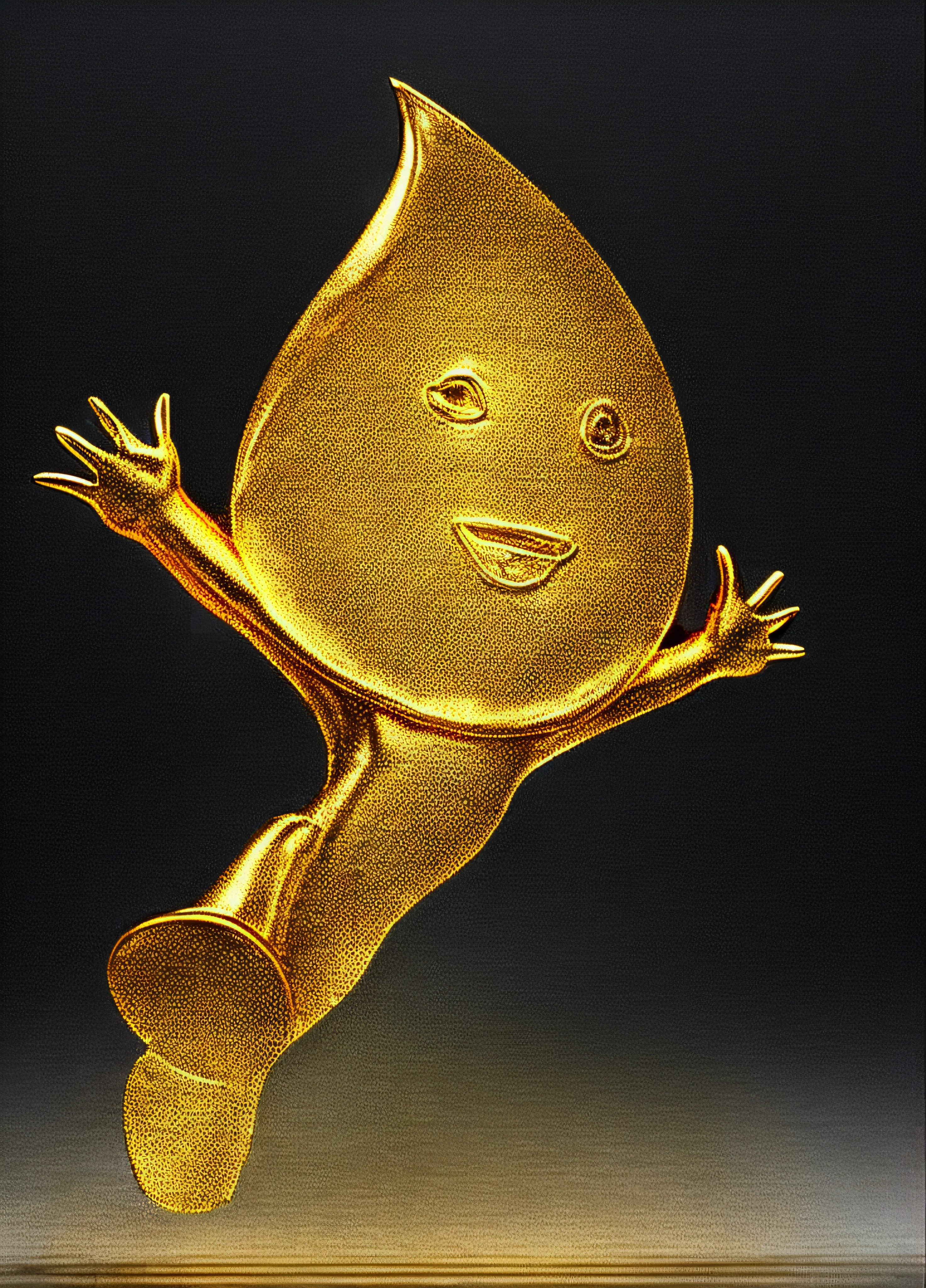 Alphad golden cartoon character jumping in the air with outstretched arms, character is covered in liquid, award winning cgi, award winning picture, elated gaunt onion head, award winning animation, sculpture made of gold, gold body, liquid gold, Metal Textures,Metallic color,golden colored,metalictexture,Metallic matte feel,gold,Goldy,3DMM