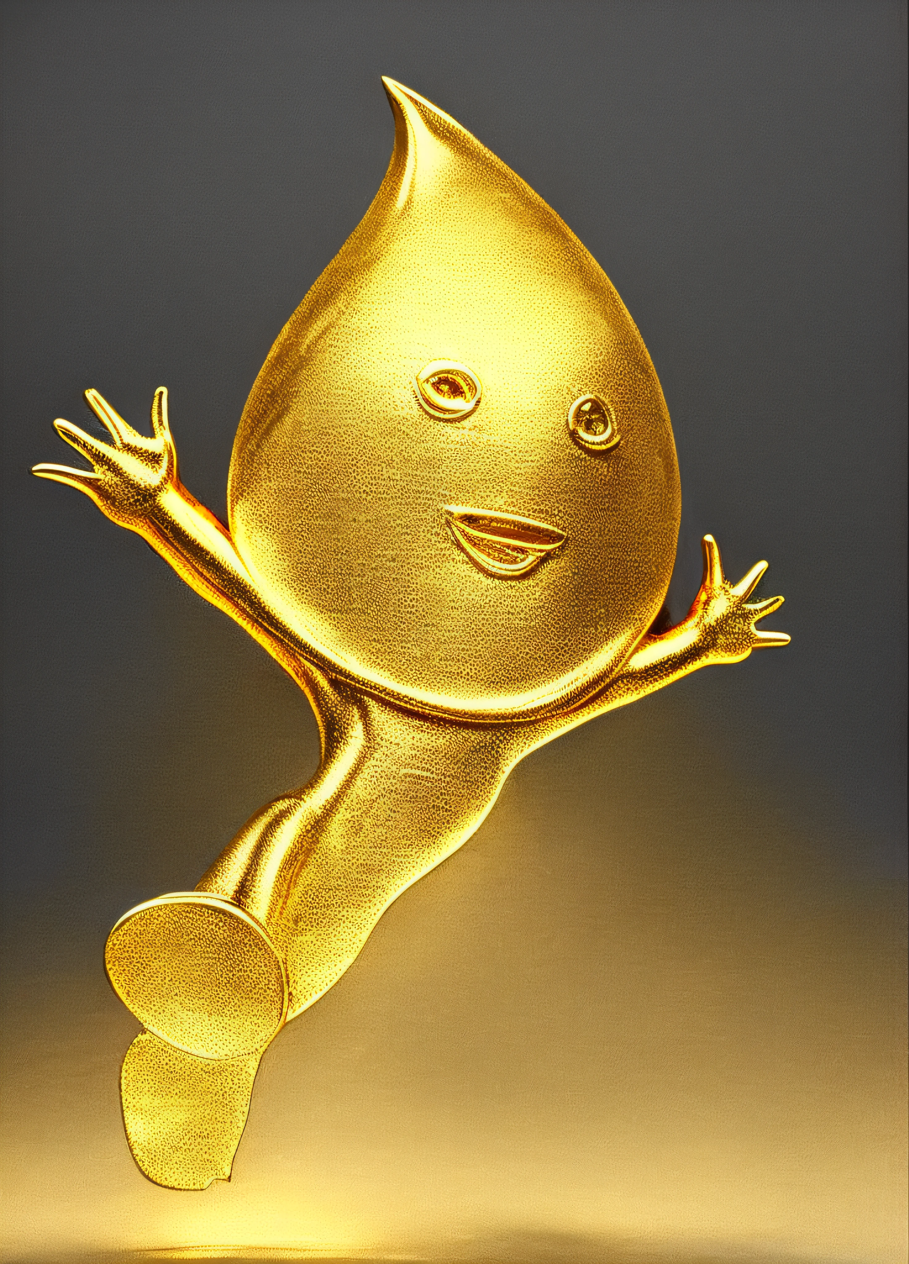Alphad golden cartoon character jumping in the air with outstretched arms, character is covered in liquid, award winning cgi, award winning picture, elated gaunt onion head, award winning animation, sculpture made of gold, gold body, liquid gold, Metal Textures,Metallic color,golden colored,metalictexture,Metallic matte feel,gold,Goldy,3DMM