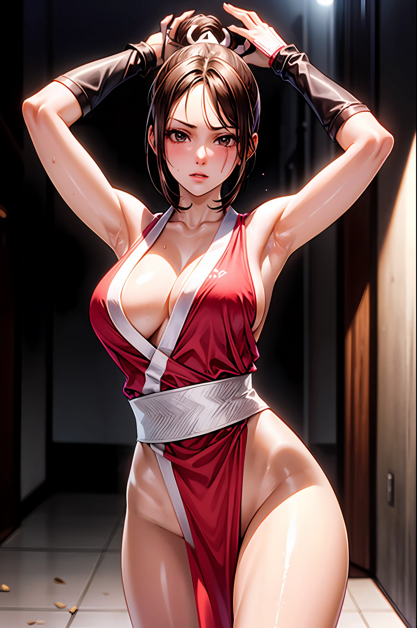 a beautiful woman, super high res, night, building, facing viewer, arms up, white ribbon, sleeveless, ponytail, sweat, blush, large breasts, arm guards, gloves, tabi, shiranui mai, cowboy shot, cinematic lighting, cinematic lighting, best quality, masterpiece, high details, anatomically correct