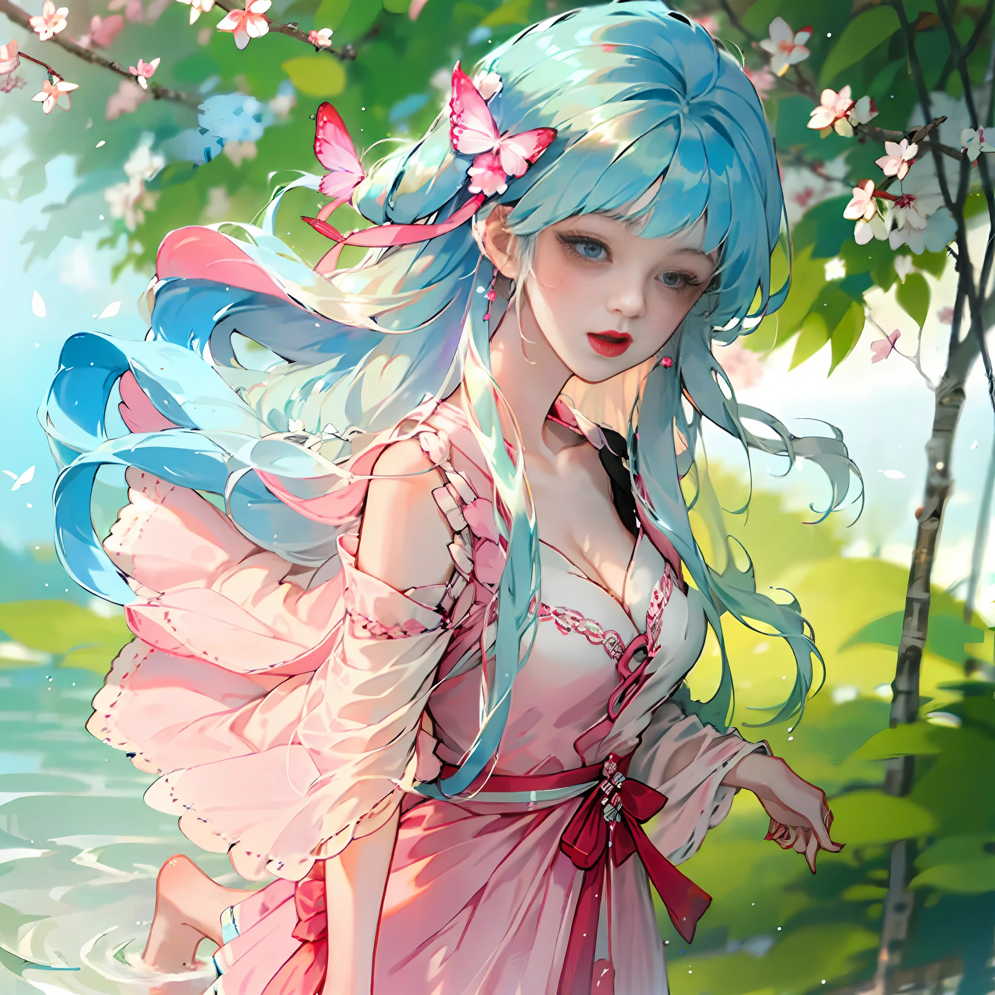 Has blue hair,Ancient wind, Beautiful woman in period costume,Barefoot,Standing in the lake in the peach blossom forest,full bodyesbian
