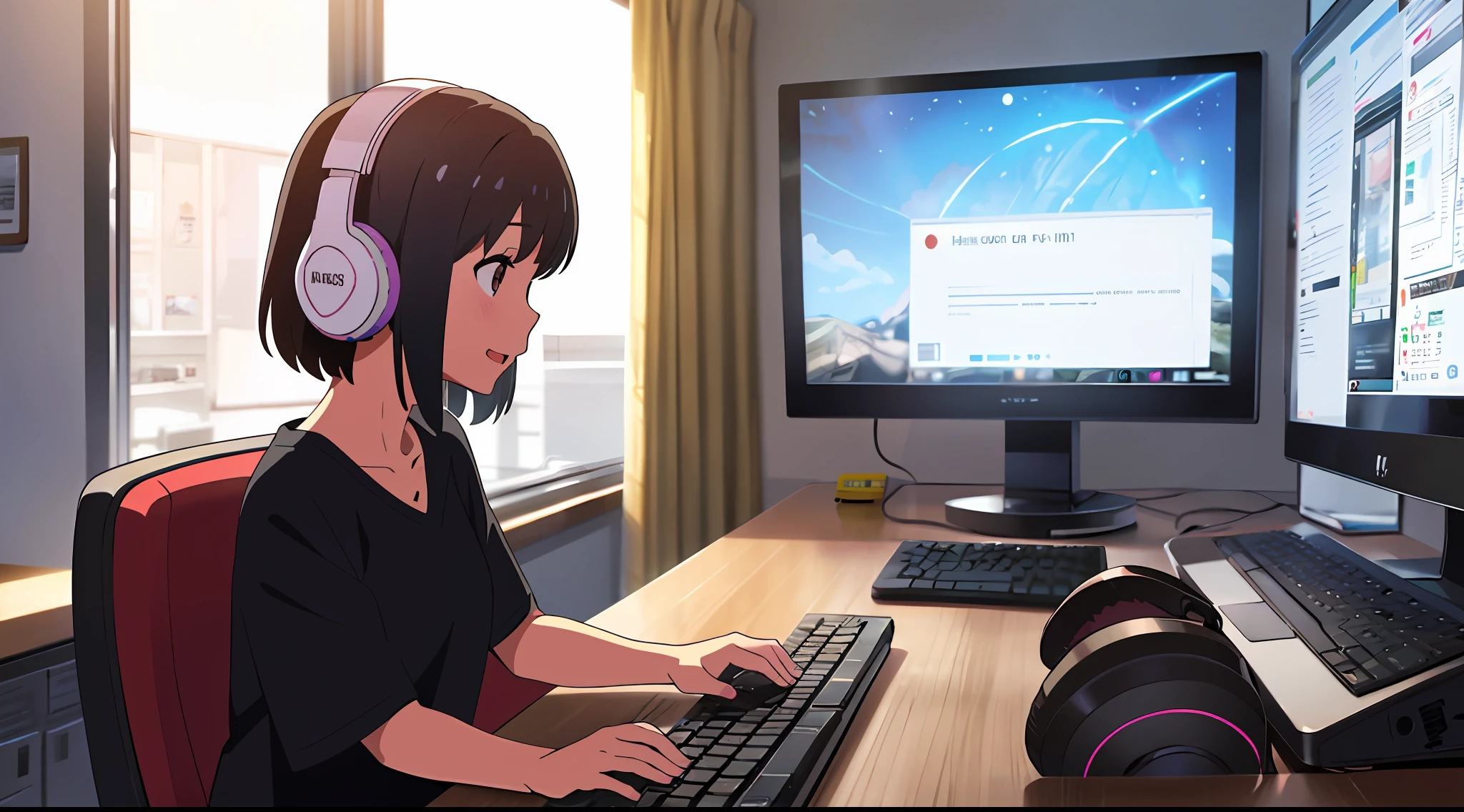 shinkai makoto, kimi no na wa., 1girl, bangs, black hair, blush, brown eyes, cloud, looking at the audience, t-shirt, short hair, night sky, smile, solo, open mouth, upper body, whitet-shirt, skirt, white skirt, girl playing video games, indoor, room, computer, keyboard, mouse, monitor, playing computer, chair, desk, lamp, clock, sitting, gaming, gaming platform, gaming pc, earmuffs