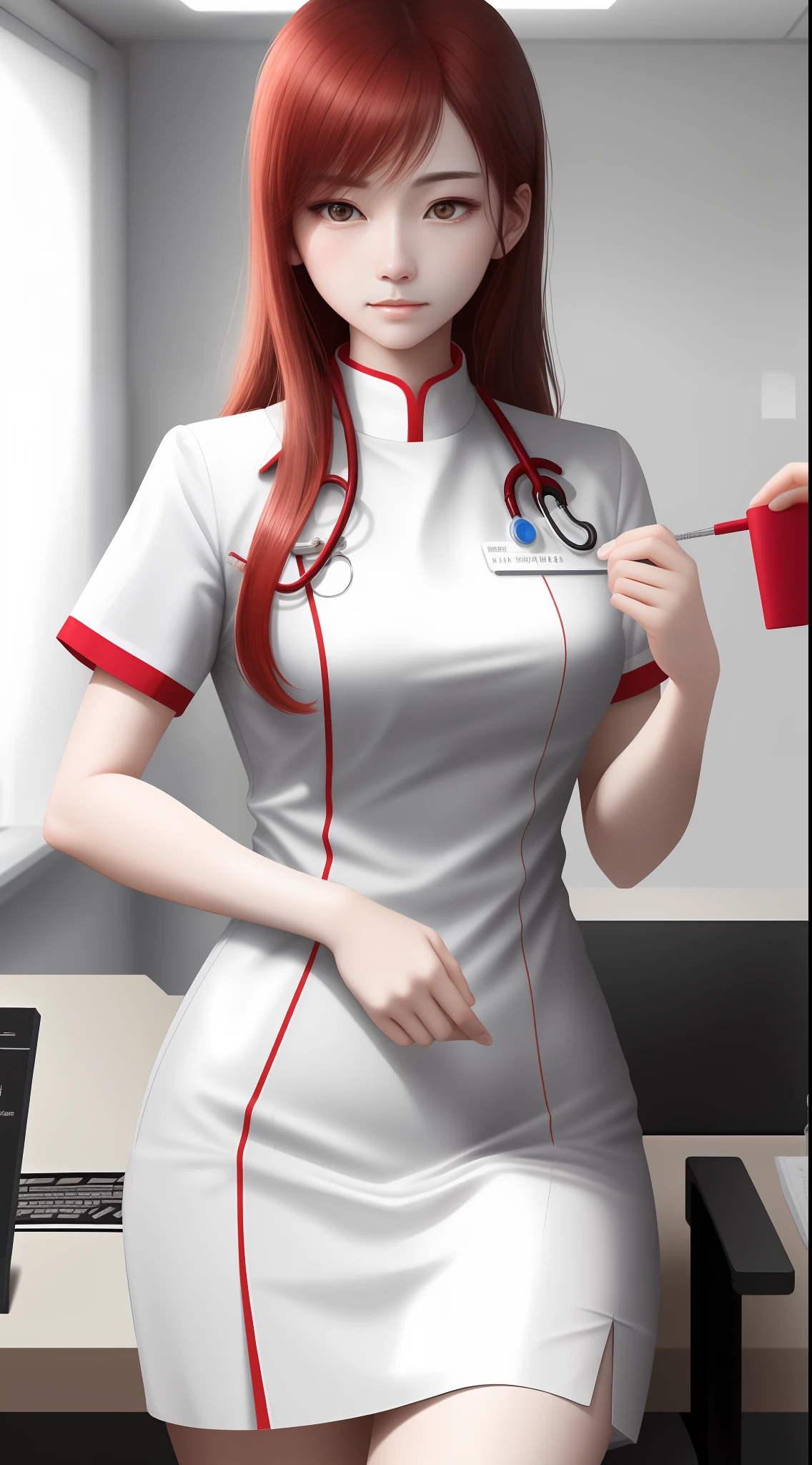 (tmasterpiece),best qualtiy,超高分辨率,Precise CG details,The delicate emotional communication between the medical nurse and the patient,Smart stance and bright red,Clear and sharp expression,Contrast of medical plain white clothing,Soft interweaving of light and shadow。