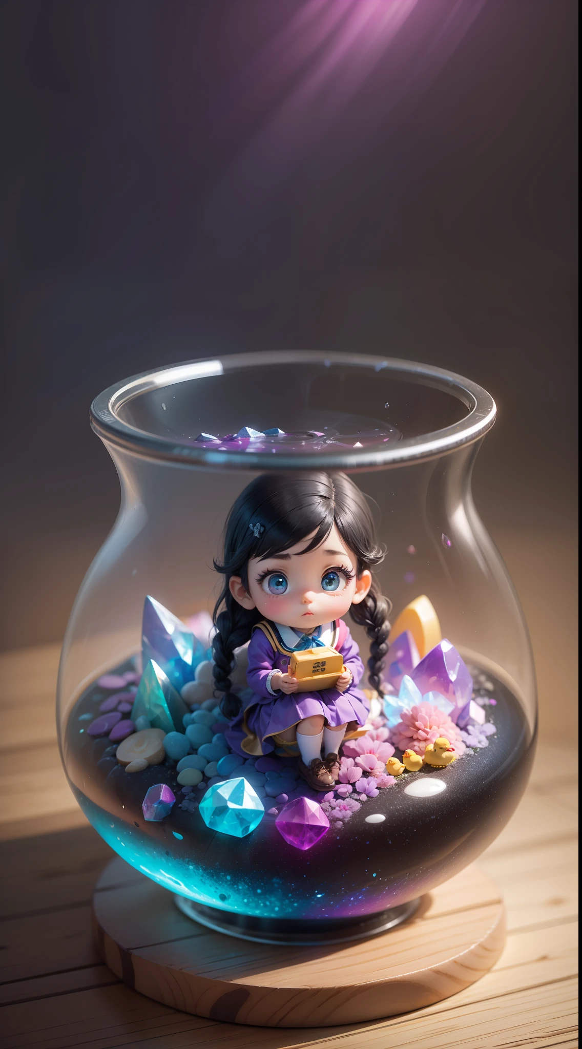 Q version of cute beautiful girl，Dumb cute，duck sitting，（Big eyes），Small mouth，（（（with short black hair，Braid））），looking at me，（JK school uniform，Meticulous portrayal），（（Figures，blindbox）），（（Colloidal material，crystal-clear，Good light transmission）），（Disney style），high qulity，high detal，（super-fine），16K resolution，（Overlooking），（Macro lens），（（Works of masters）），（（Full body like）），（（solid color backdrop）），pink lighting，（（（Round thick base：1.3，Graphical model basics））），（Ray traching），（（Blue and purple majority））