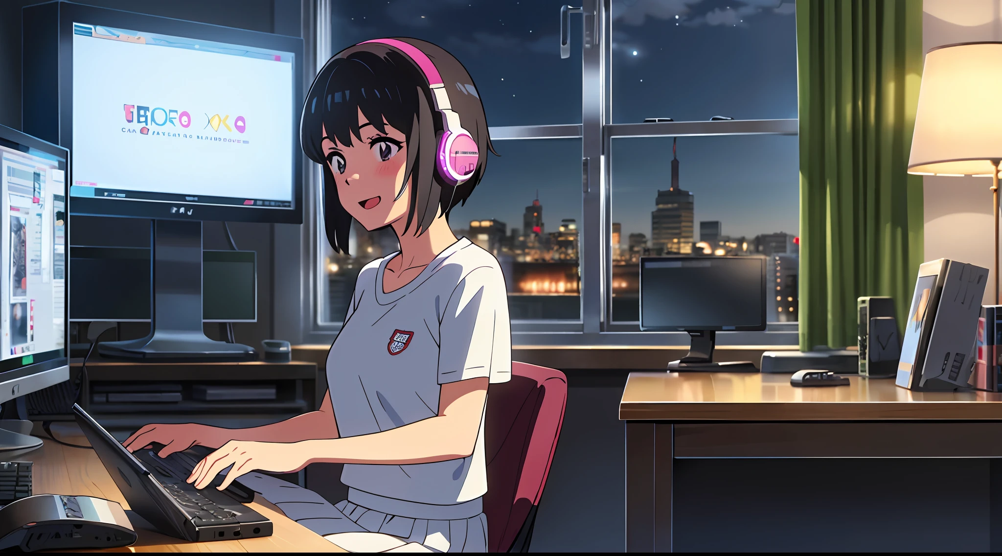shinkai makoto, kimi no na wa., 1girl, bangs, black hair, blush, brown eyes, cloud, looking at the audience, t-shirt, short hair, night sky, smile, solo, open mouth, upper body, whitet-shirt, skirt, white skirt, girl playing video games, indoor, room, computer, keyboard, mouse, monitor, playing computer, chair, desk, lamp, clock, sitting, gaming, gaming platform, gaming pc, earmuffs