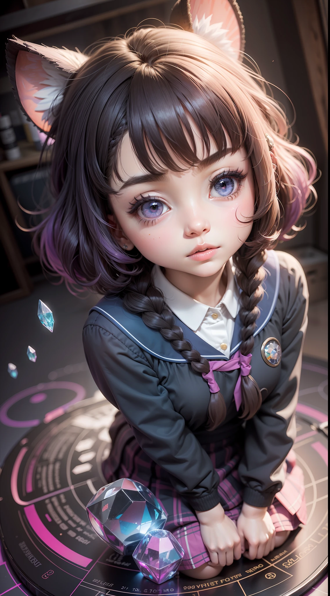 Q version of cute beautiful girl，Dumb cute，duck sitting，（Big eyes），Small mouth，（（（with short black hair，Braid））），looking at me，（JK school uniform，Meticulous portrayal），（（Figures，blindbox）），（（Colloidal material，crystal-clear，Good light transmission）），（Disney style），high qulity，high detal，（super-fine），16K resolution，（Overlooking），（Macro lens），（（Works of masters）），（（Full body like）），（（solid color backdrop）），pink lighting，（（（Round thick base：1.3，Graphical model basics））），（Ray traching），（（Blue and purple majority））