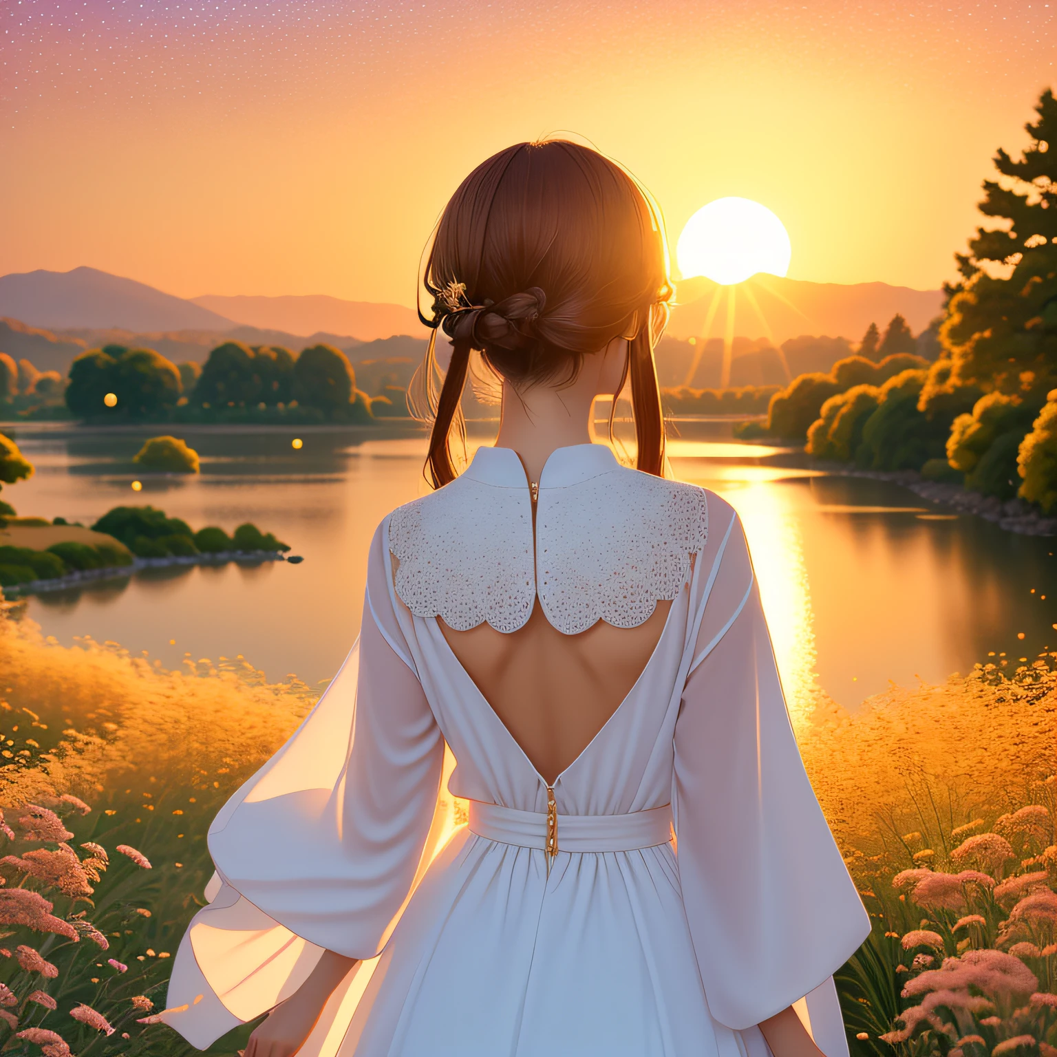 In the setting sun,Riverside meadows,The back of the girl in the white dress is particularly beautiful,It seems to be from a Japanese anime。A dot of stars,Beautiful as if bathed in golden sunlight。 --auto