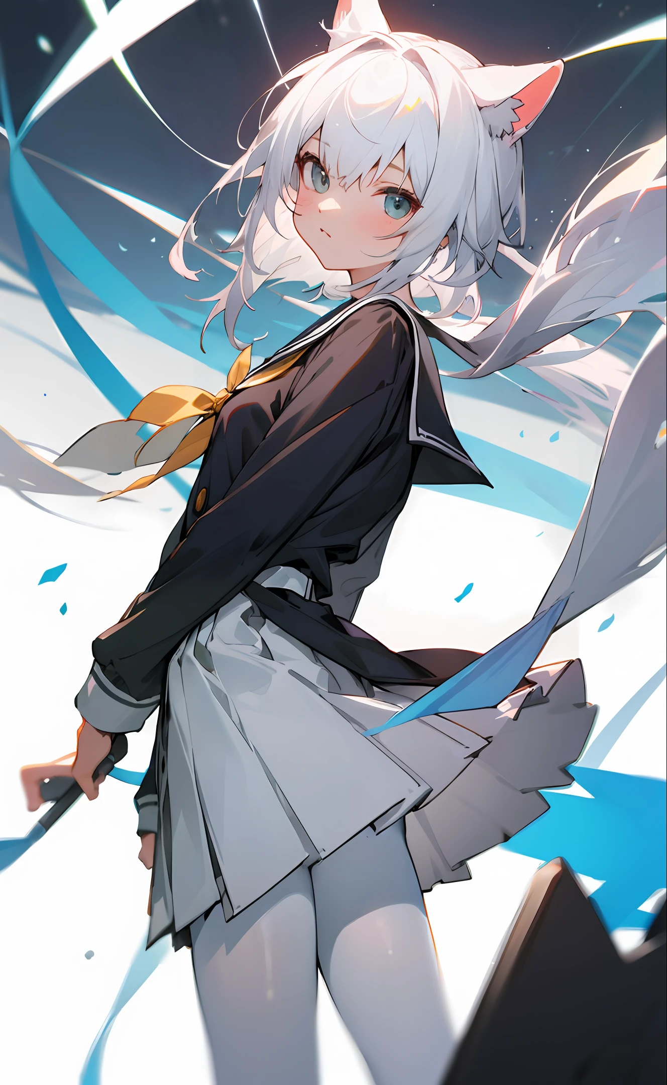 Two-dimensional JK school uniform white pantyhose white hair cute animal ears